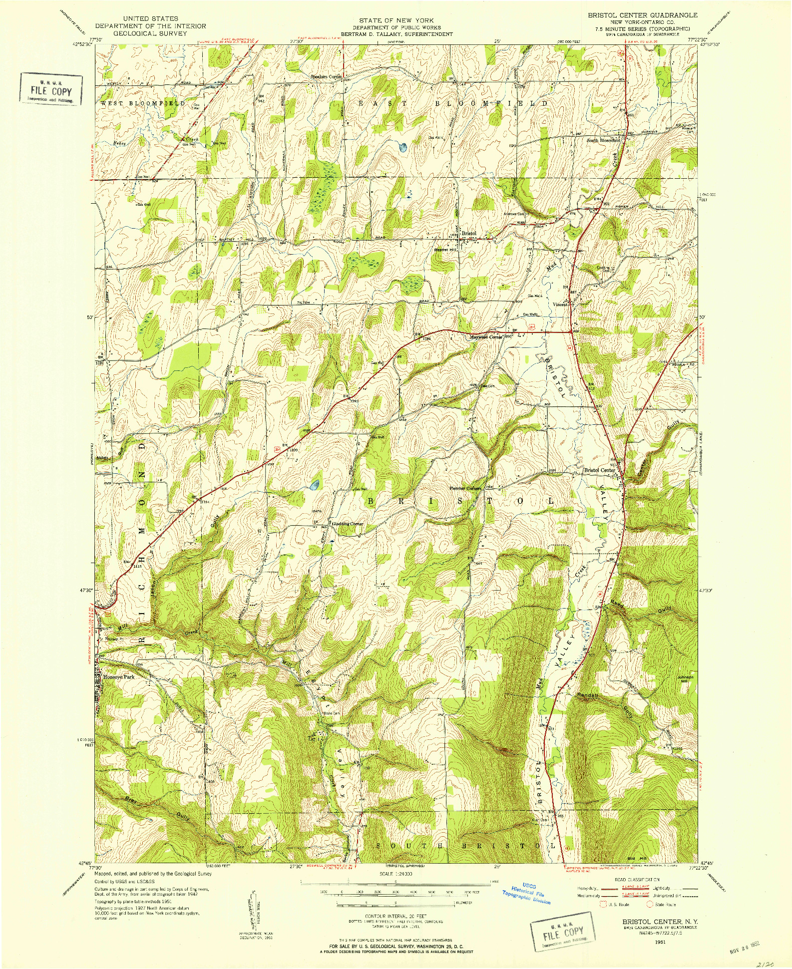 USGS 1:24000-SCALE QUADRANGLE FOR BRISTOL CENTER, NY 1951