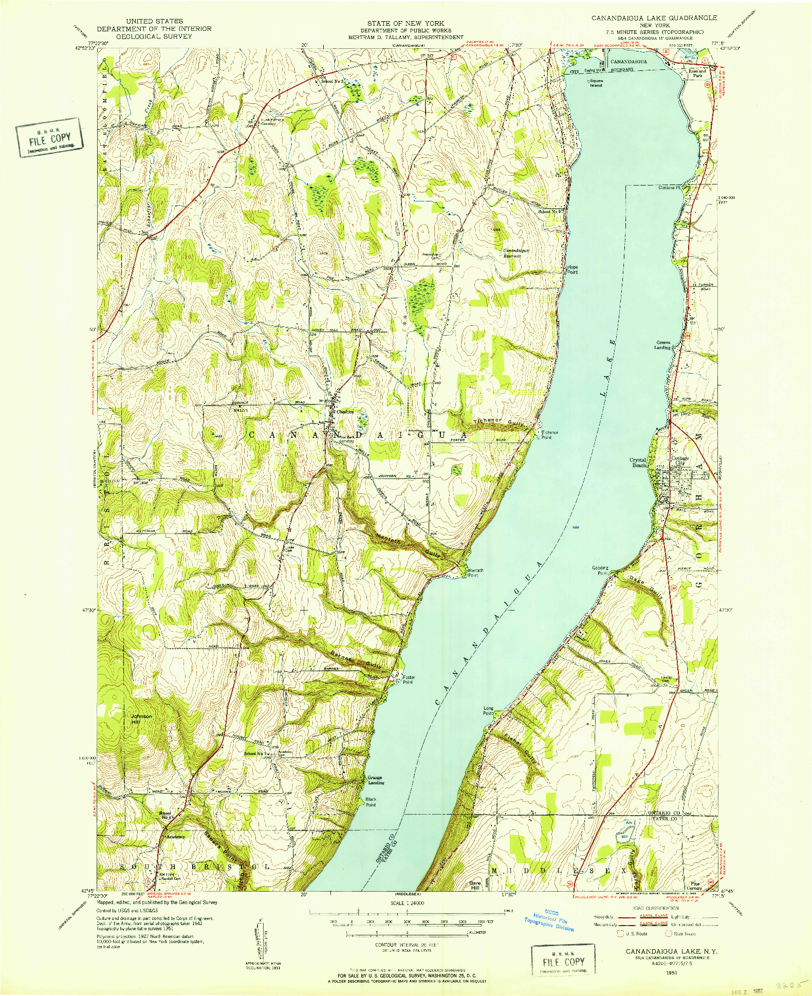 USGS 1:24000-SCALE QUADRANGLE FOR CANANDAIGUA LAKE, NY 1951