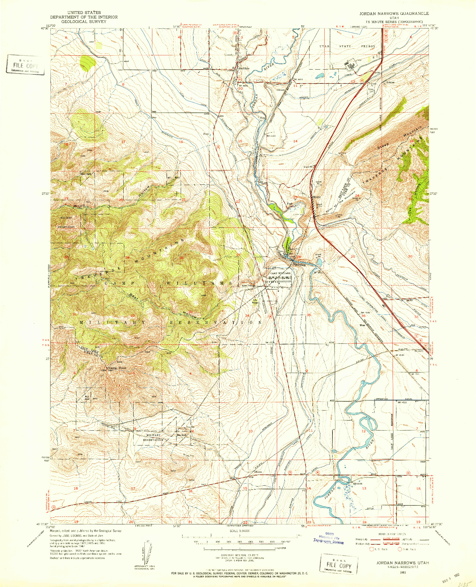 USGS 1:24000-SCALE QUADRANGLE FOR JORDAN NARROWS, UT 1951