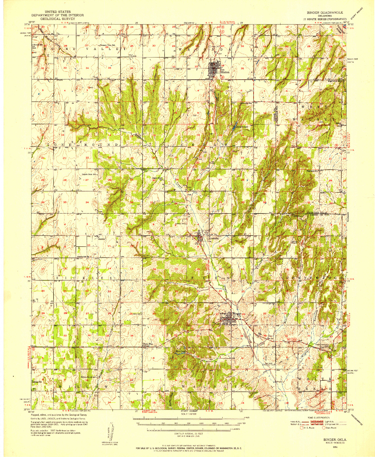 USGS 1:62500-SCALE QUADRANGLE FOR BINGER, OK 1951
