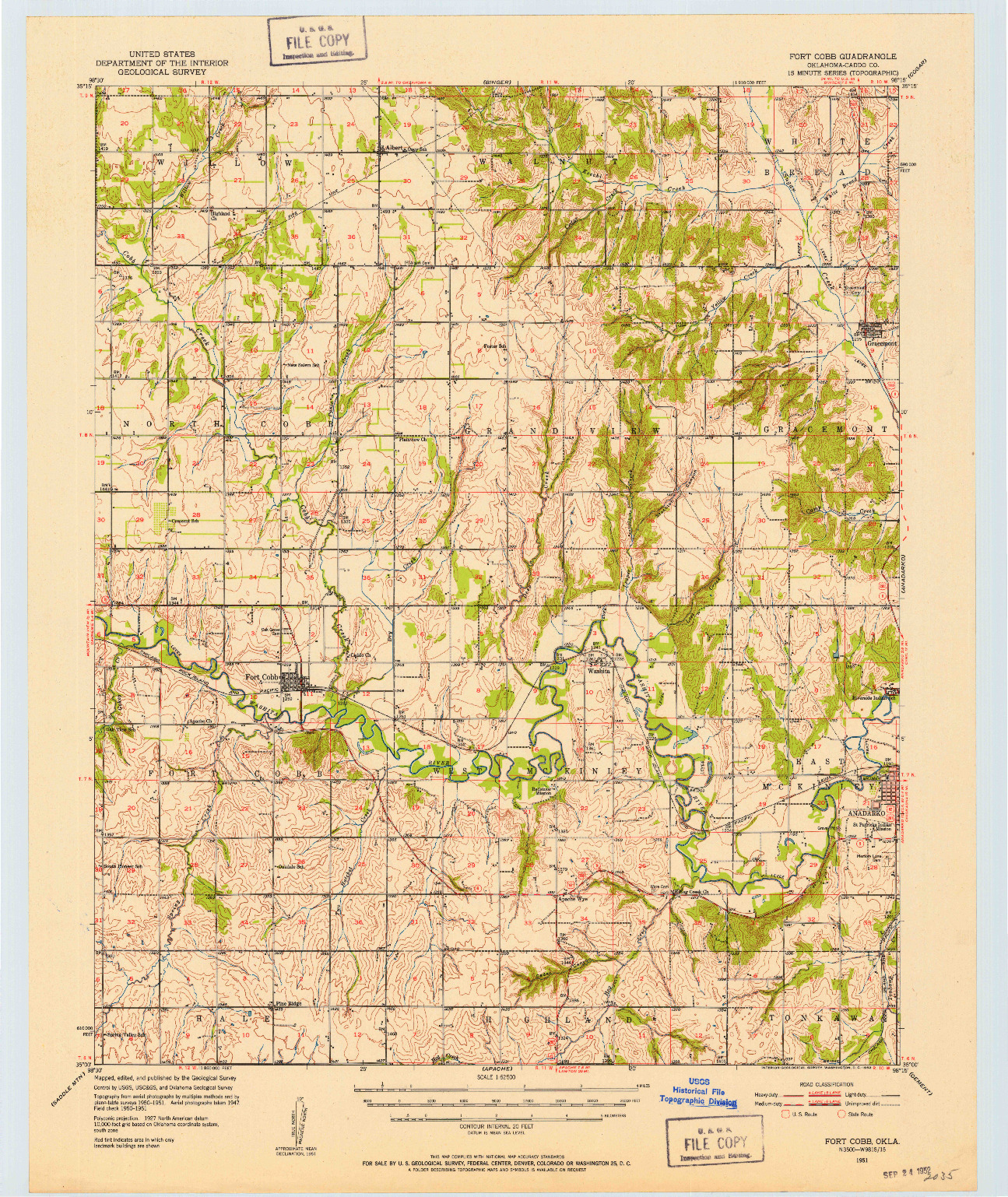 USGS 1:62500-SCALE QUADRANGLE FOR FORT COBB, OK 1951
