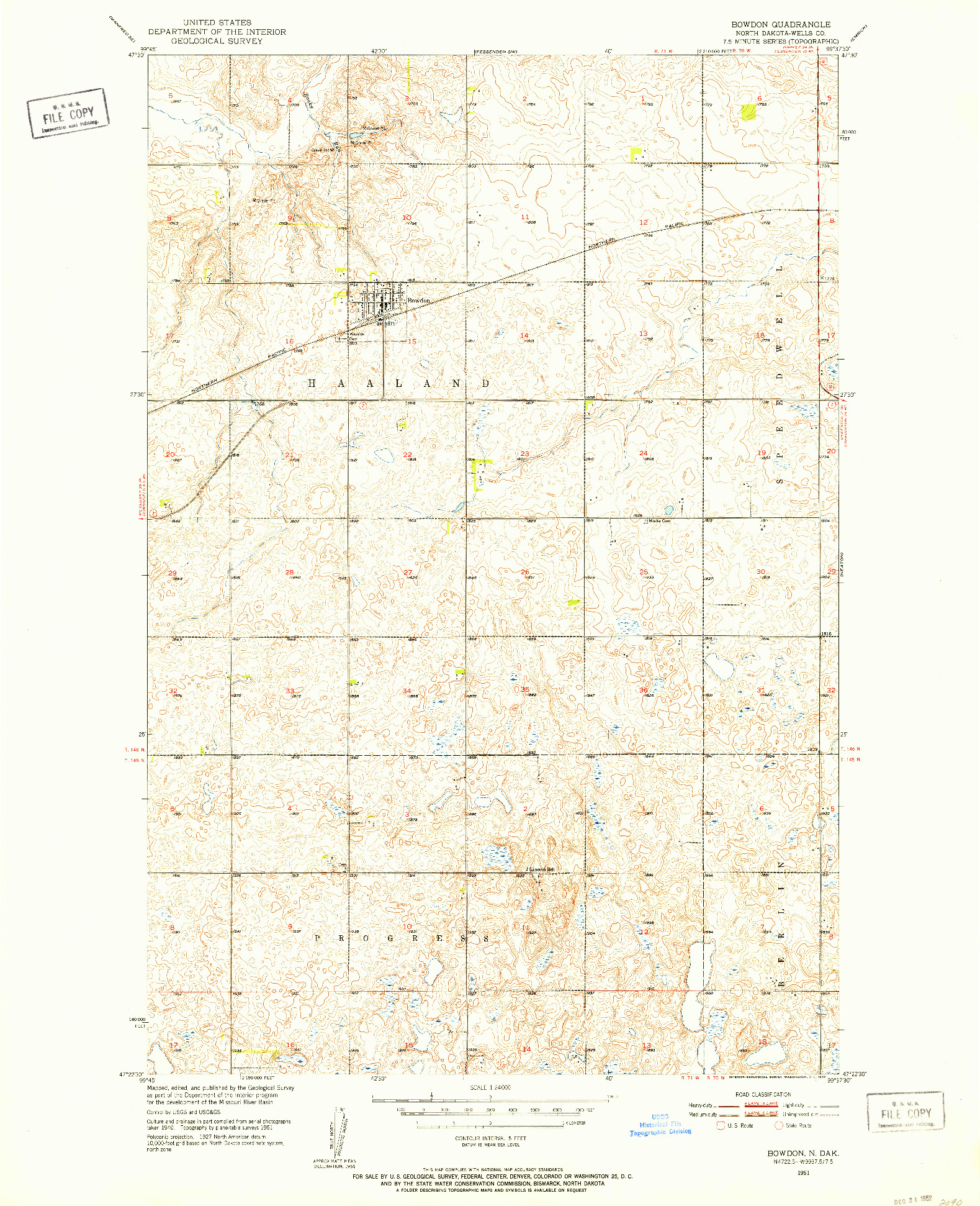 USGS 1:24000-SCALE QUADRANGLE FOR BOWDON, ND 1951