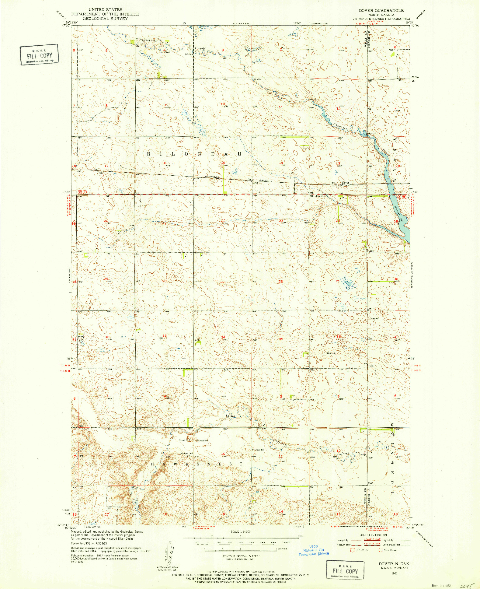 USGS 1:24000-SCALE QUADRANGLE FOR DOVER, ND 1951