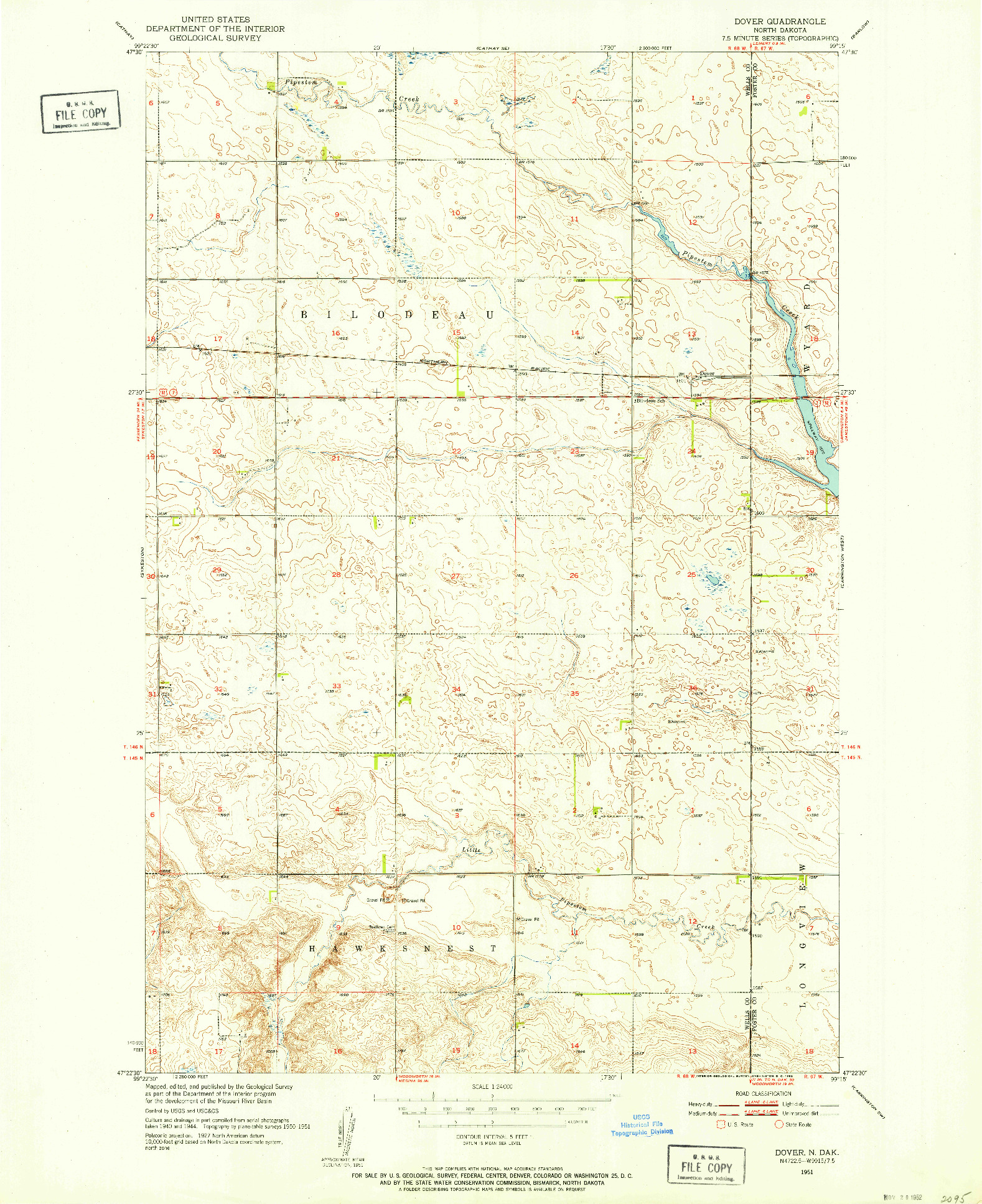USGS 1:24000-SCALE QUADRANGLE FOR DOVER, ND 1951