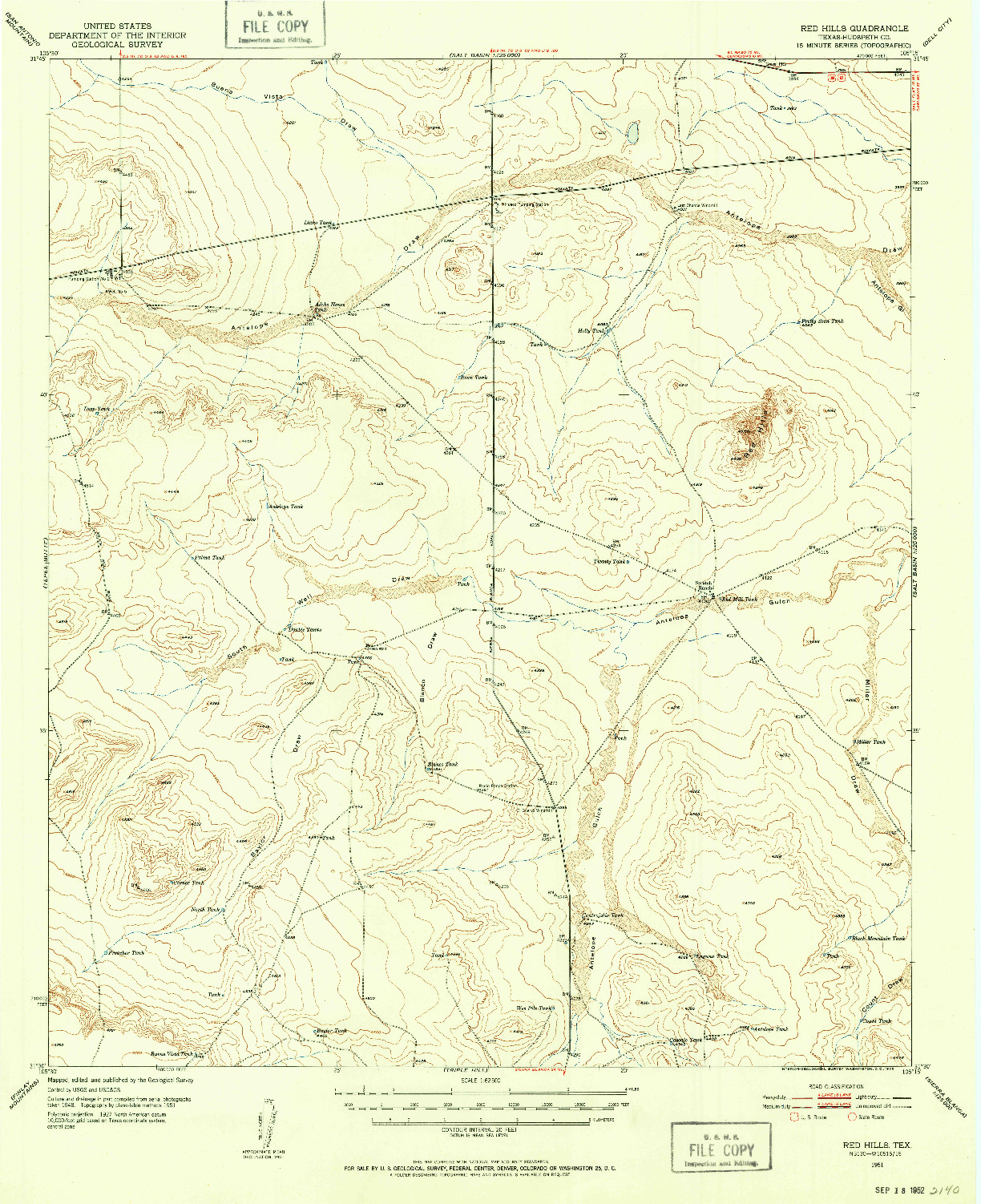 USGS 1:62500-SCALE QUADRANGLE FOR RED HILLS, TX 1951