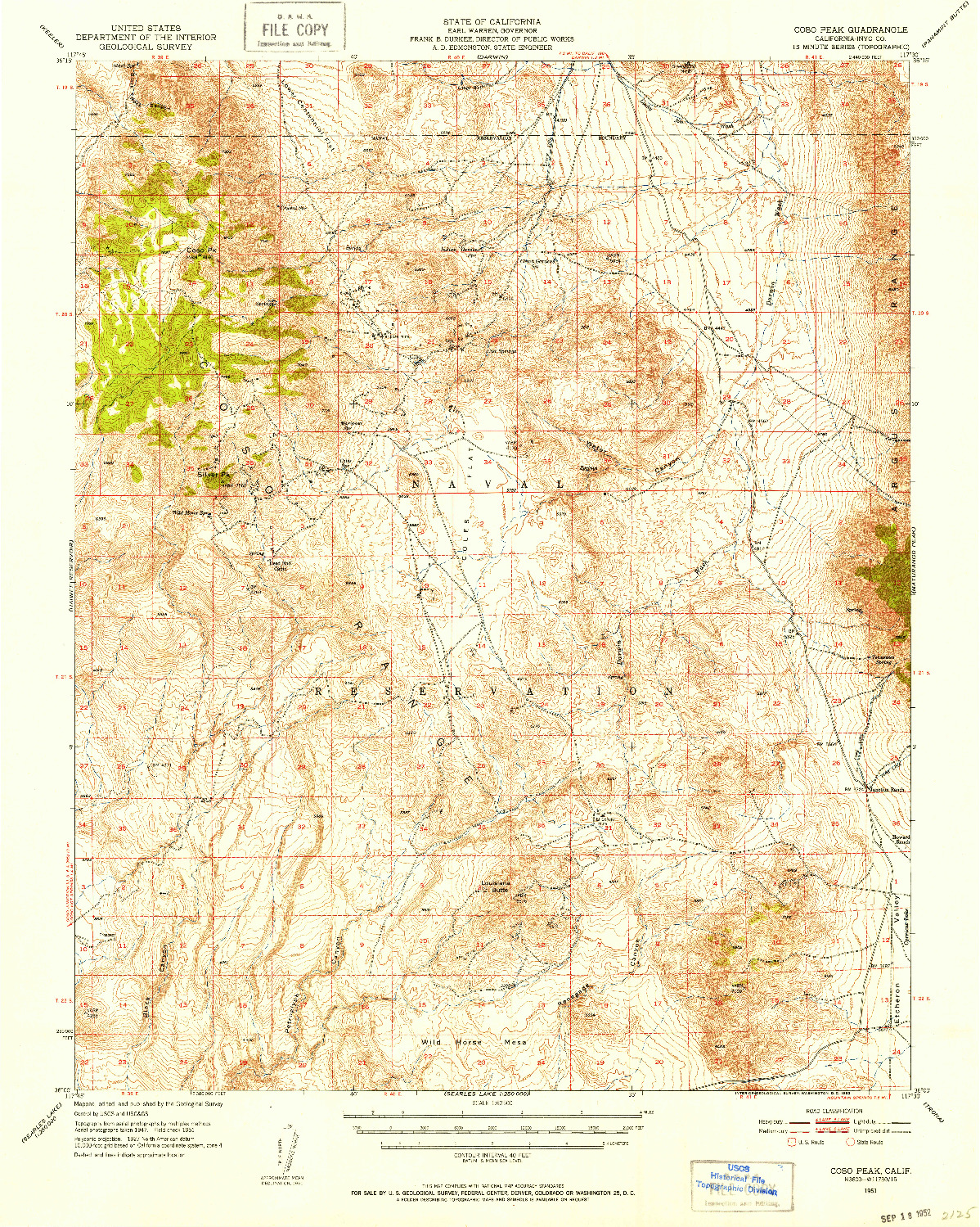 USGS 1:62500-SCALE QUADRANGLE FOR COSO PEAK, CA 1951