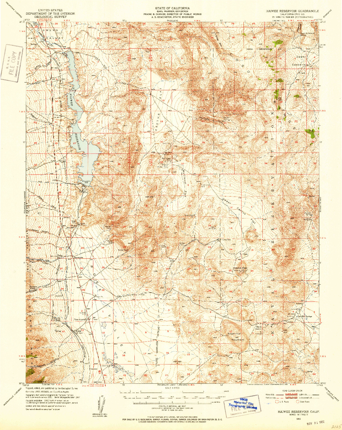 USGS 1:62500-SCALE QUADRANGLE FOR HAIWEE RESERVOIR, CA 1951