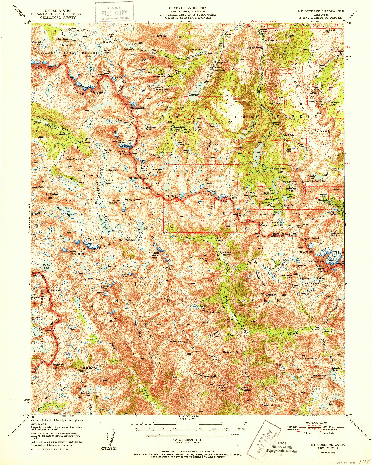 USGS 1:62500-SCALE QUADRANGLE FOR MT. GODDARD, CA 1952