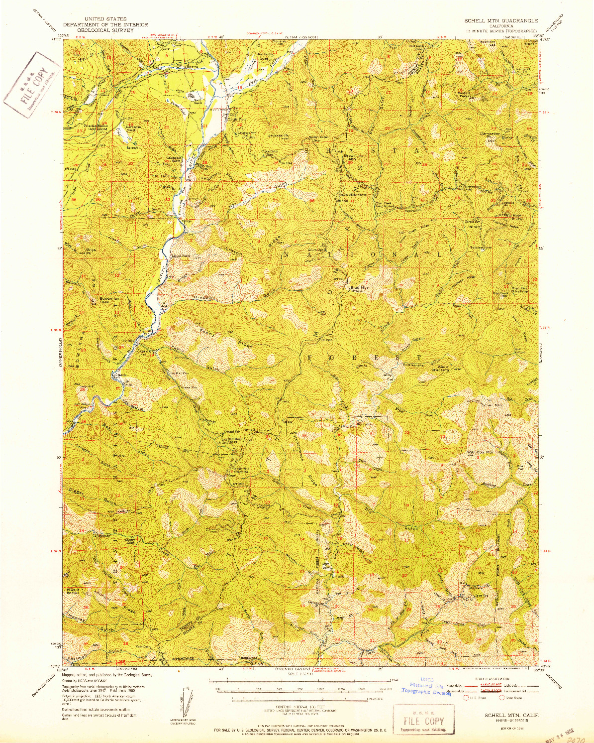 USGS 1:62500-SCALE QUADRANGLE FOR SCHELL MTN, CA 1952
