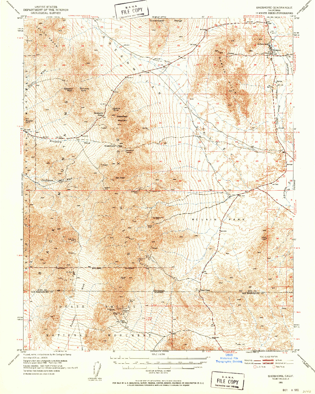 USGS 1:62500-SCALE QUADRANGLE FOR SHOSHONE, CA 1951