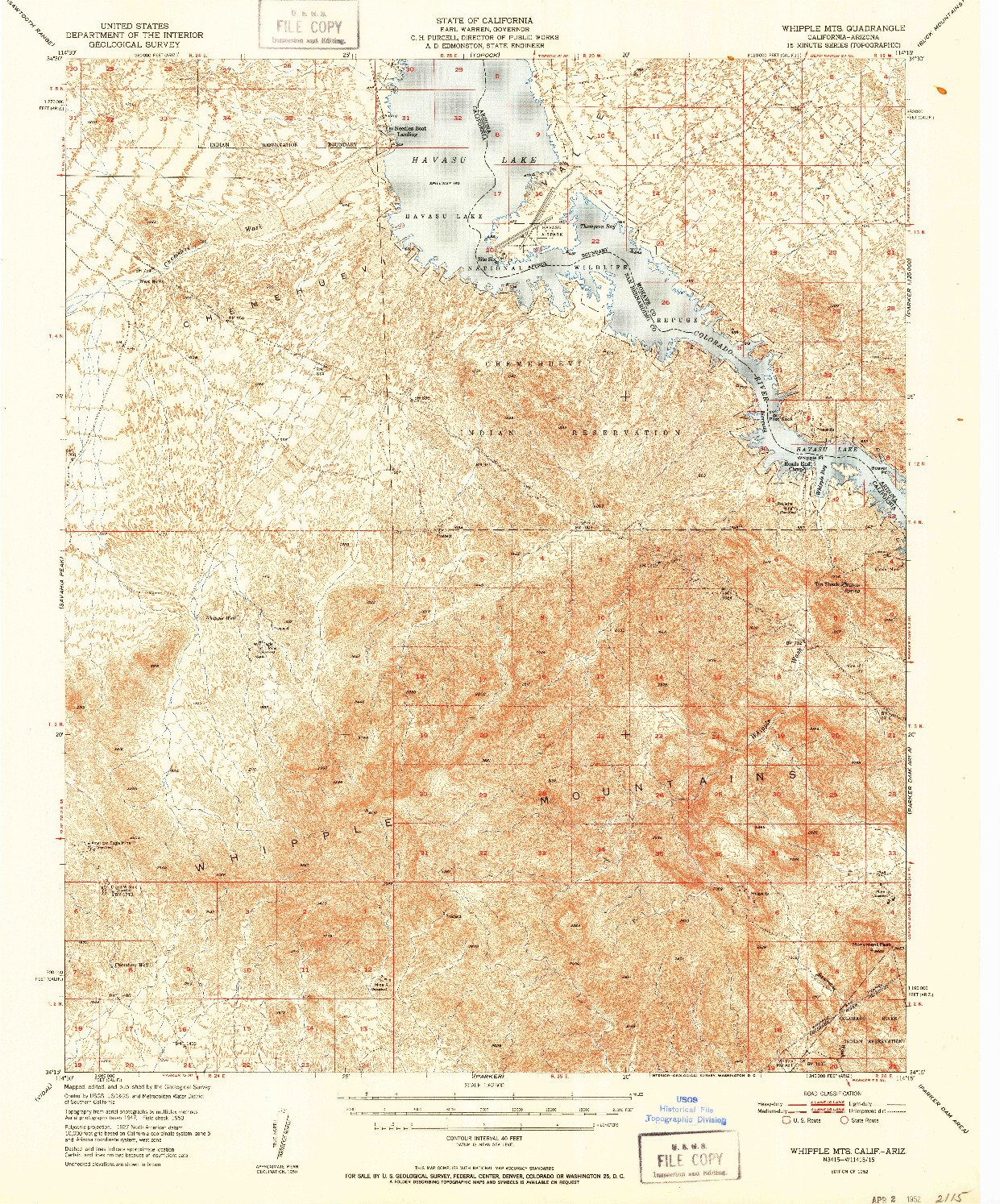 USGS 1:62500-SCALE QUADRANGLE FOR WHIPPLE MTS, CA 1952