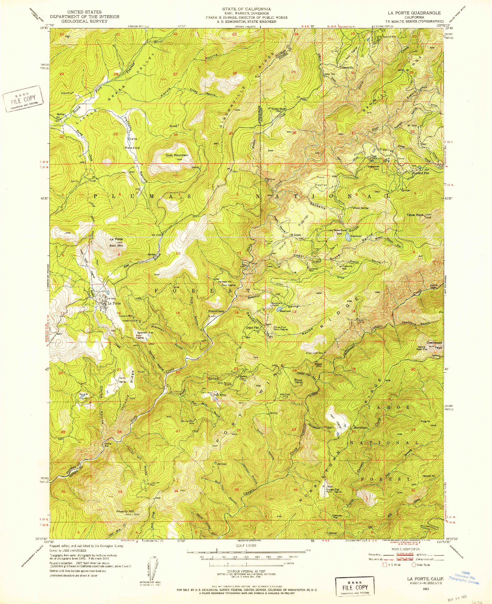 USGS 1:24000-SCALE QUADRANGLE FOR LA PORTE, CA 1951