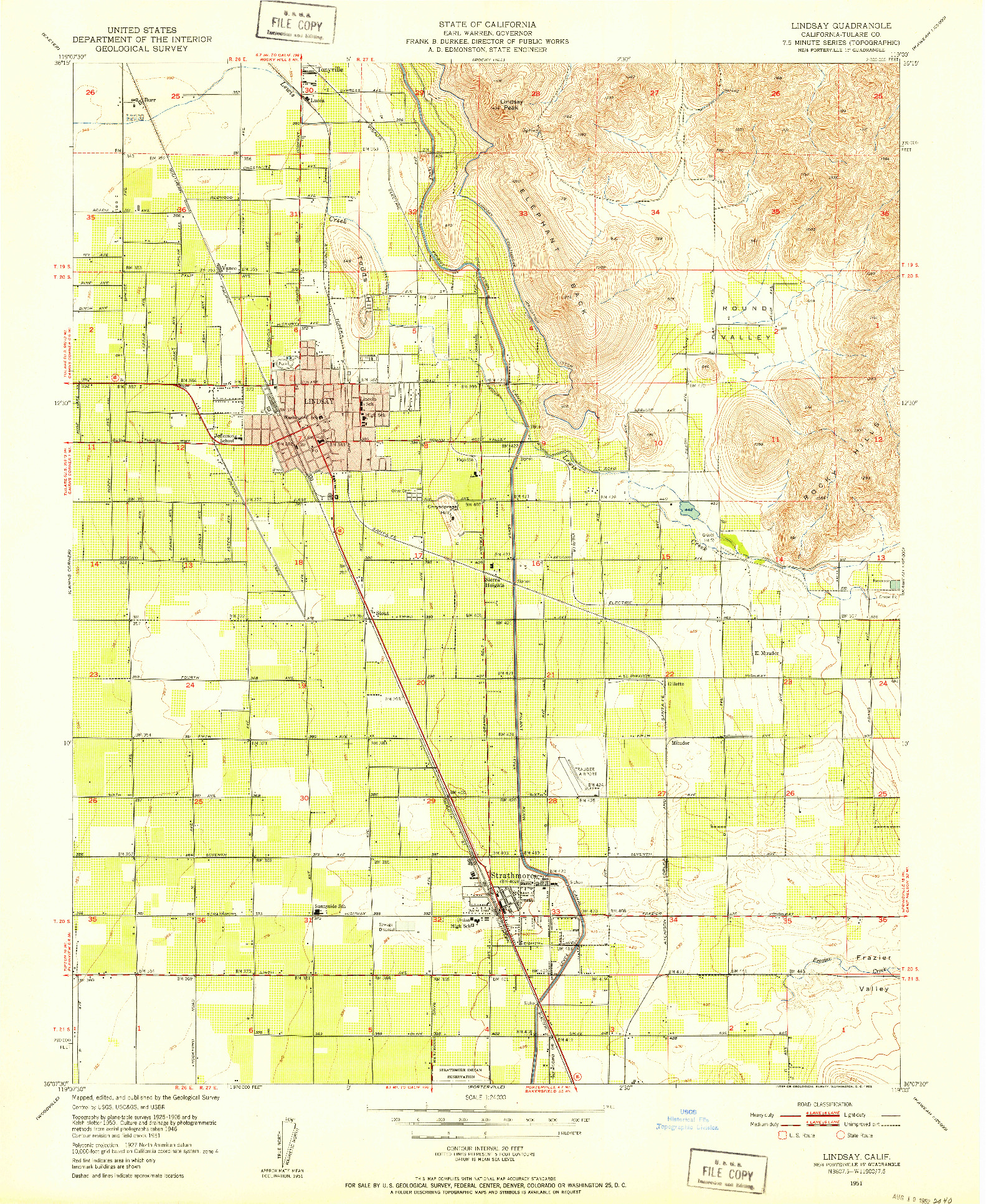 USGS 1:24000-SCALE QUADRANGLE FOR LINDSAY, CA 1951