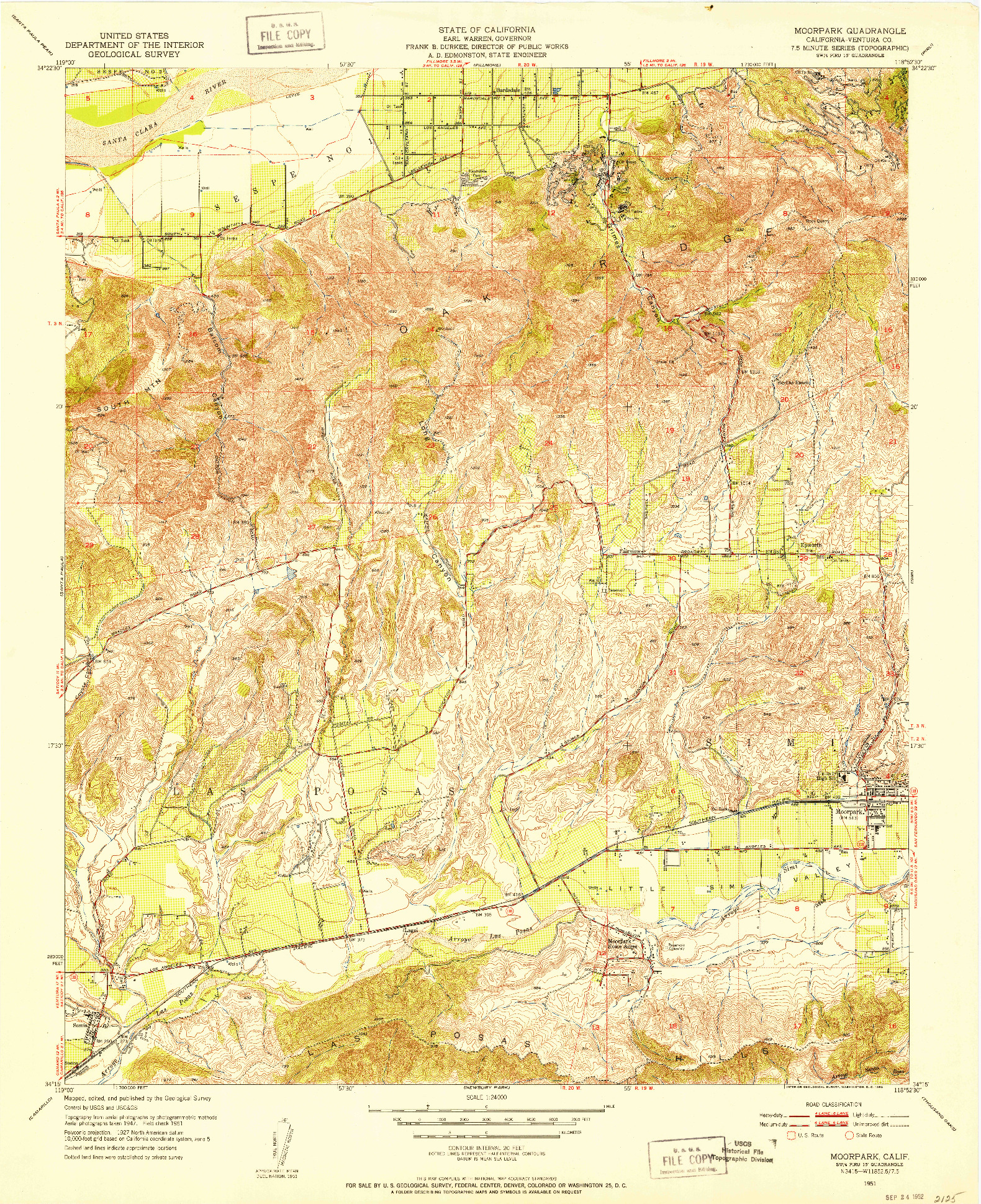 USGS 1:24000-SCALE QUADRANGLE FOR MOORPARK, CA 1951