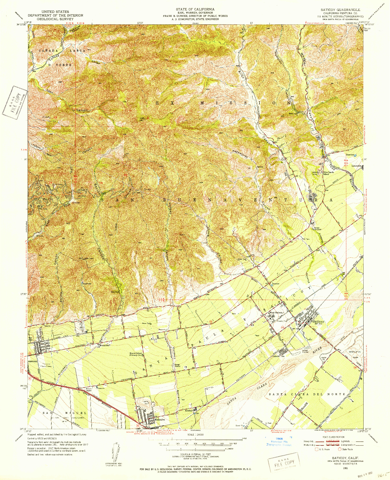 USGS 1:24000-SCALE QUADRANGLE FOR SATICOY, CA 1951