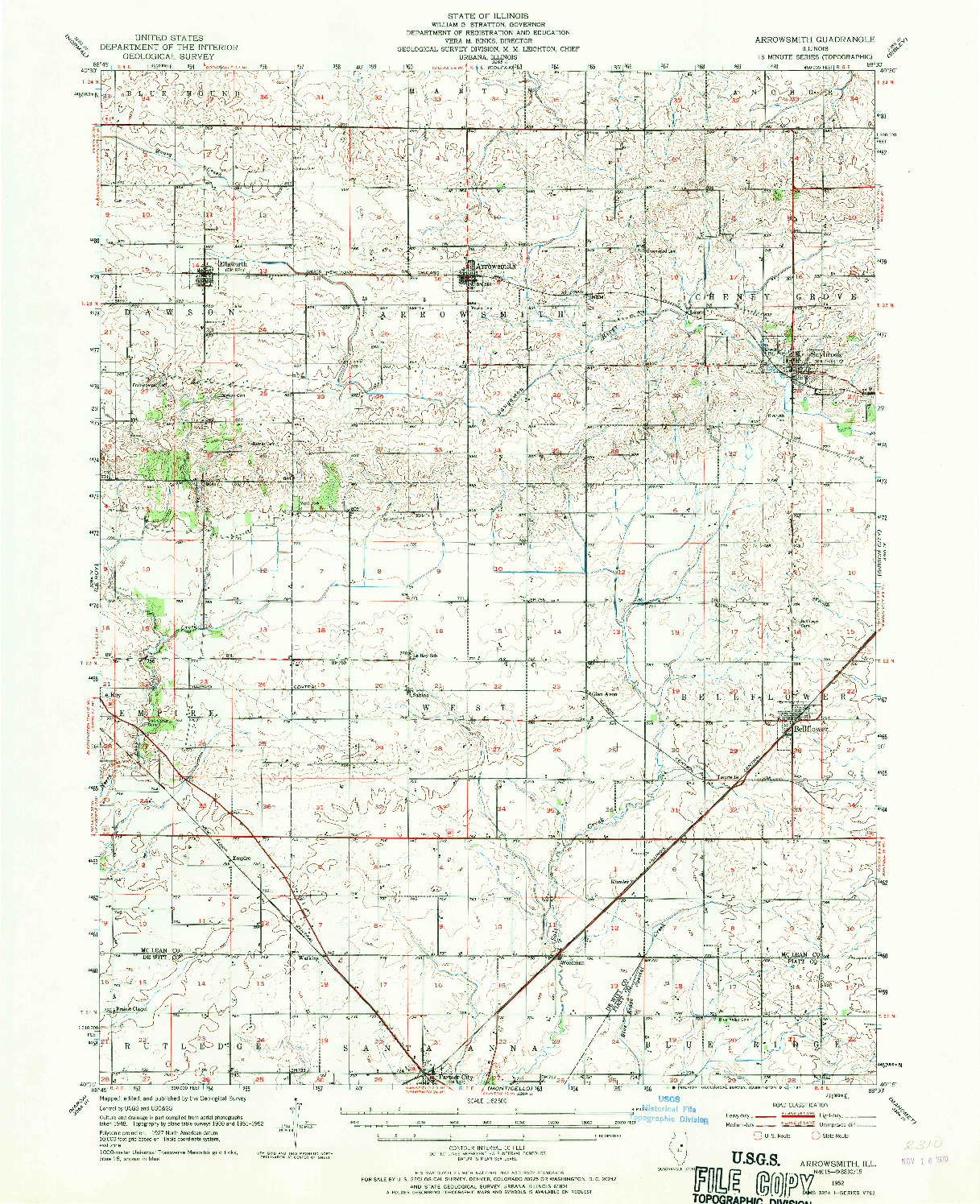 USGS 1:62500-SCALE QUADRANGLE FOR ARROWSMITH, IL 1952