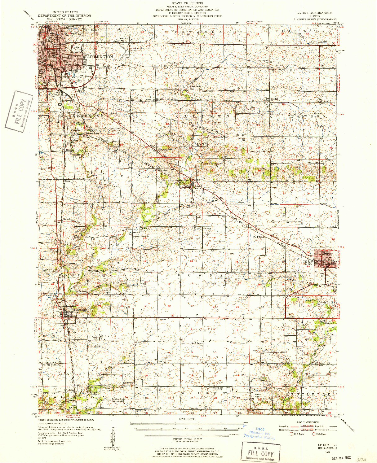 USGS 1:62500-SCALE QUADRANGLE FOR LE ROY, IL 1951