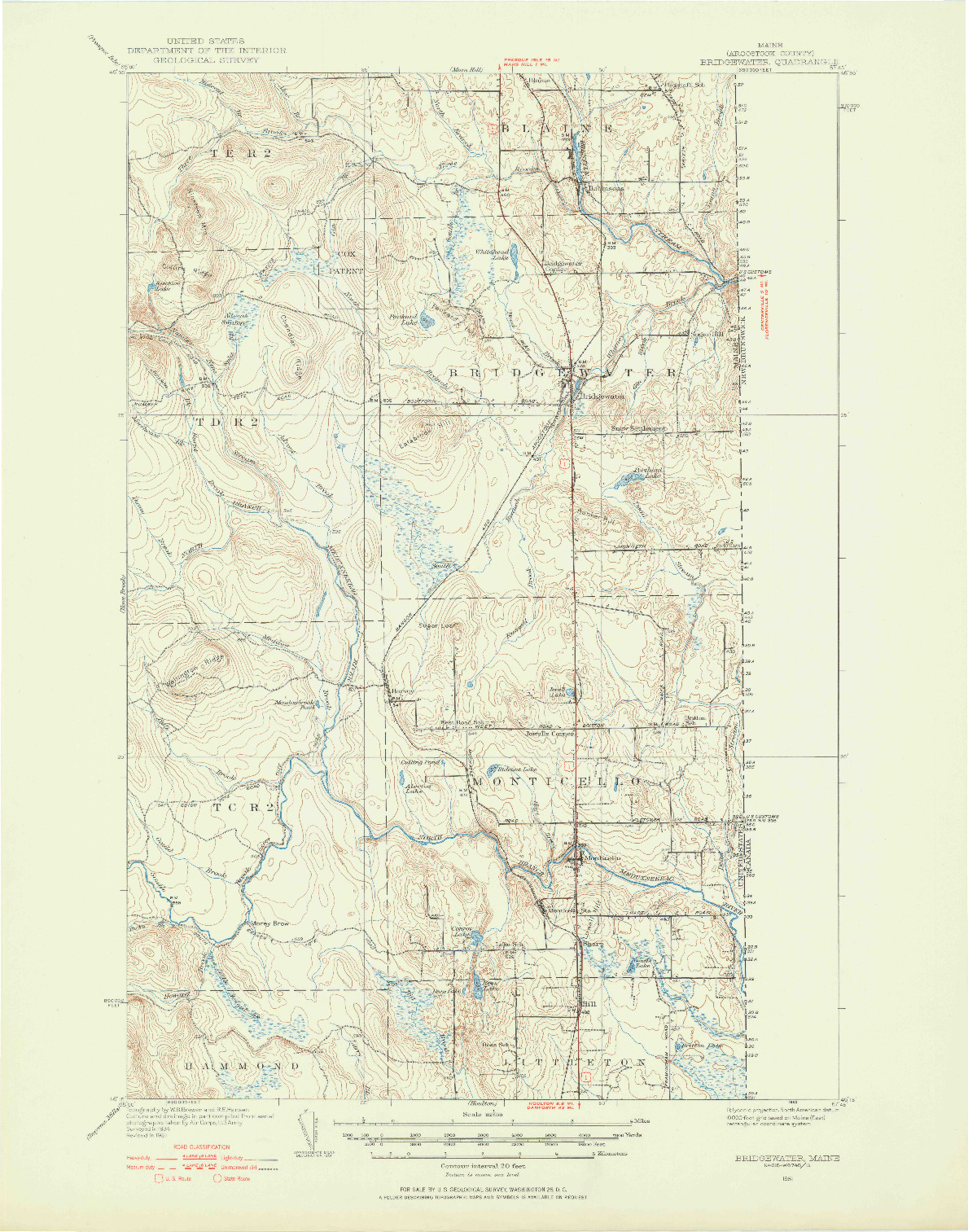 USGS 1:62500-SCALE QUADRANGLE FOR BRIDGEWATER, ME 1951