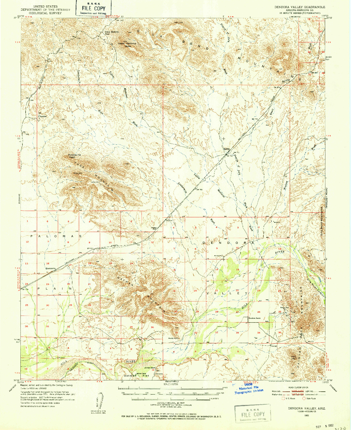 USGS 1:62500-SCALE QUADRANGLE FOR DENDORA VALLEY, AZ 1951