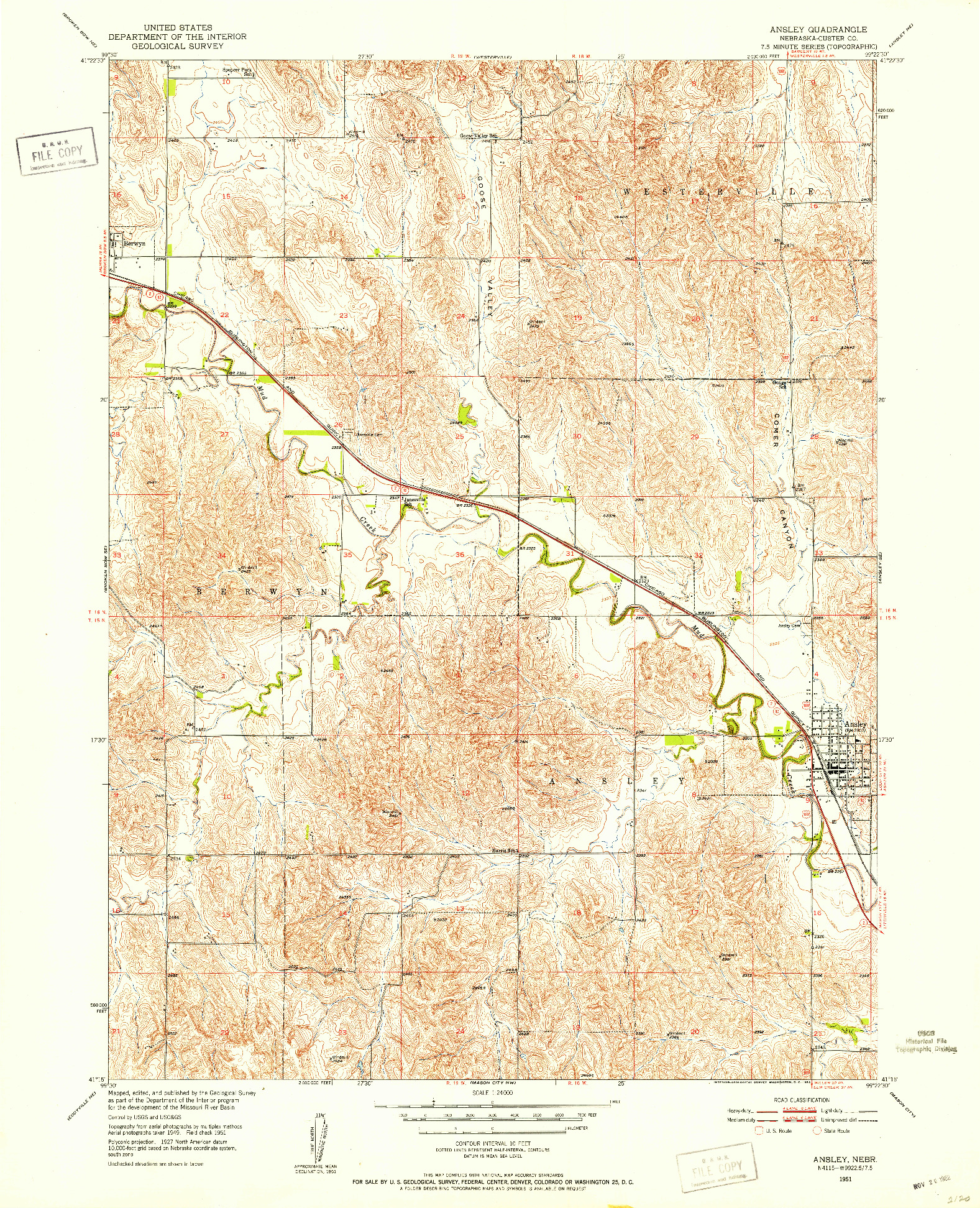 USGS 1:24000-SCALE QUADRANGLE FOR ANSLEY, NE 1951