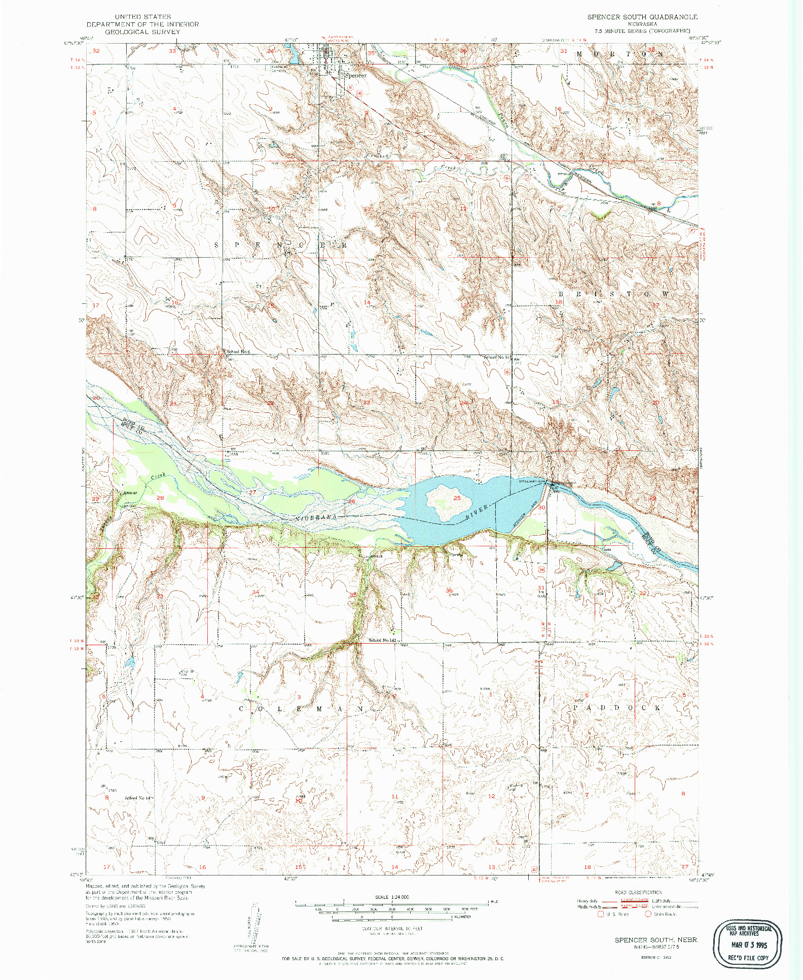 USGS 1:24000-SCALE QUADRANGLE FOR SPENCER SOUTH, NE 1952