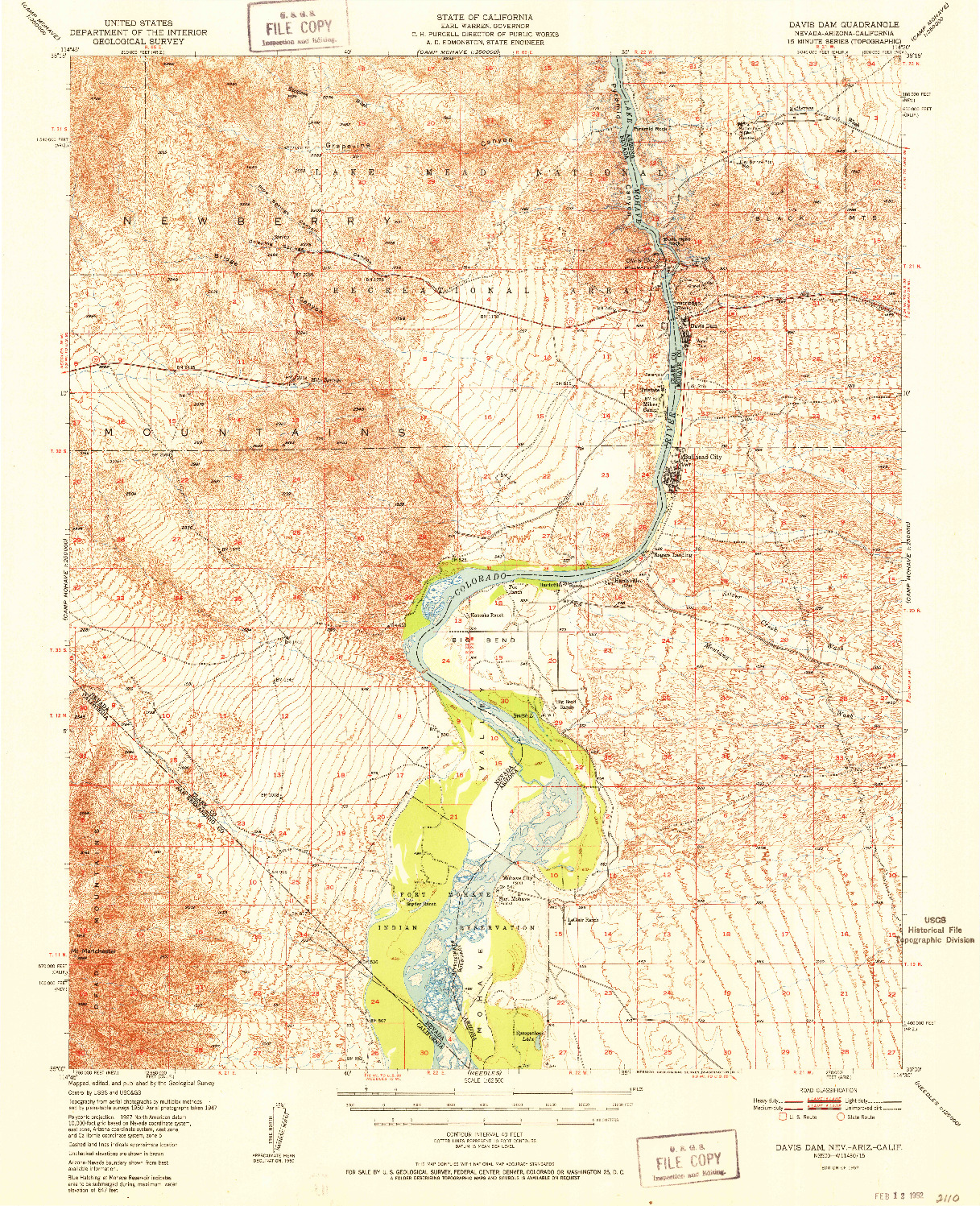USGS 1:62500-SCALE QUADRANGLE FOR DAVIS DAM, NV 1952