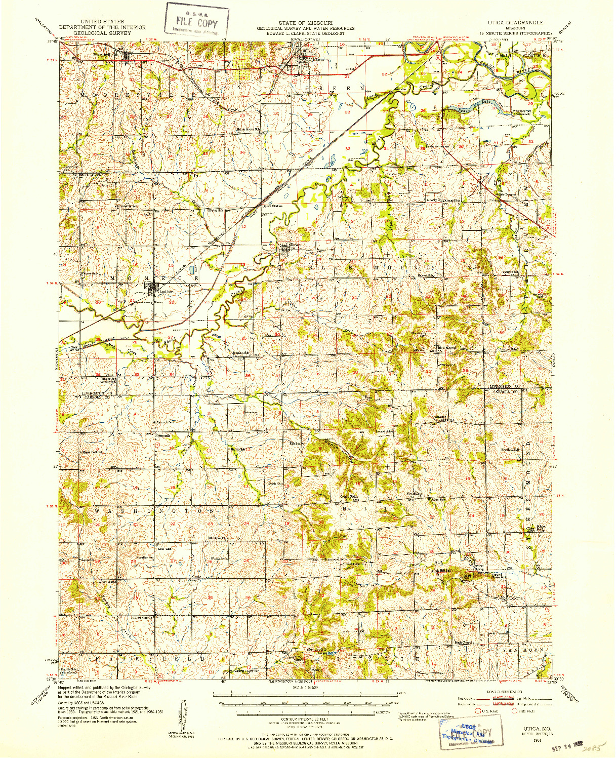 USGS 1:62500-SCALE QUADRANGLE FOR UTICA, MO 1951