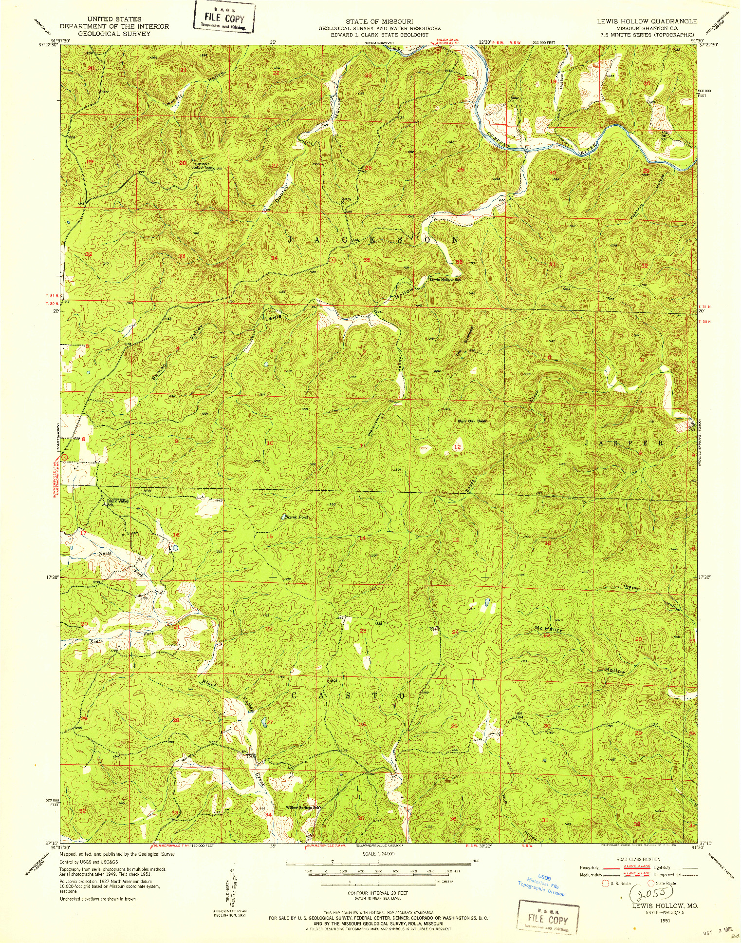 USGS 1:24000-SCALE QUADRANGLE FOR LEWIS HOLLOW, MO 1951