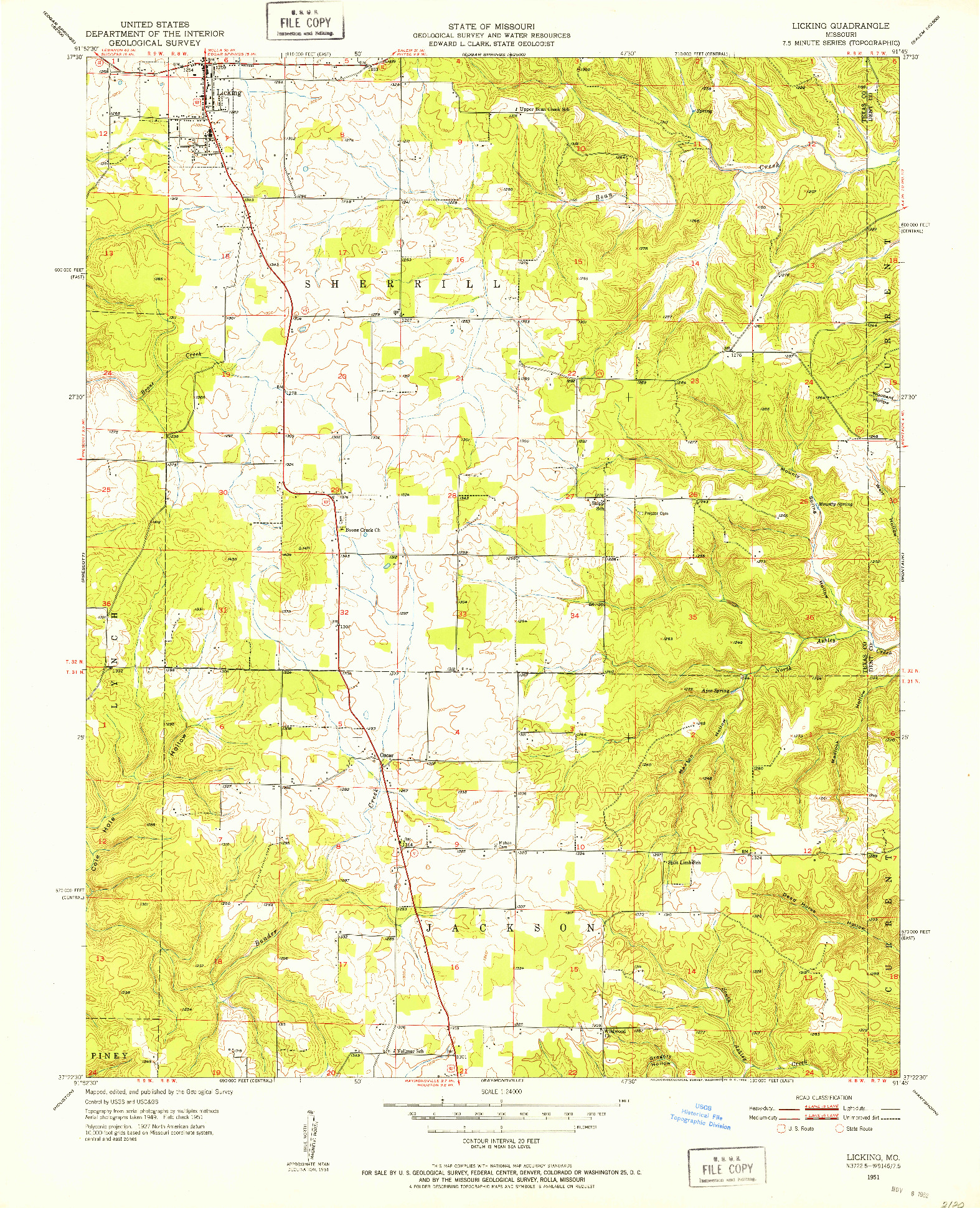 USGS 1:24000-SCALE QUADRANGLE FOR LICKING, MO 1951