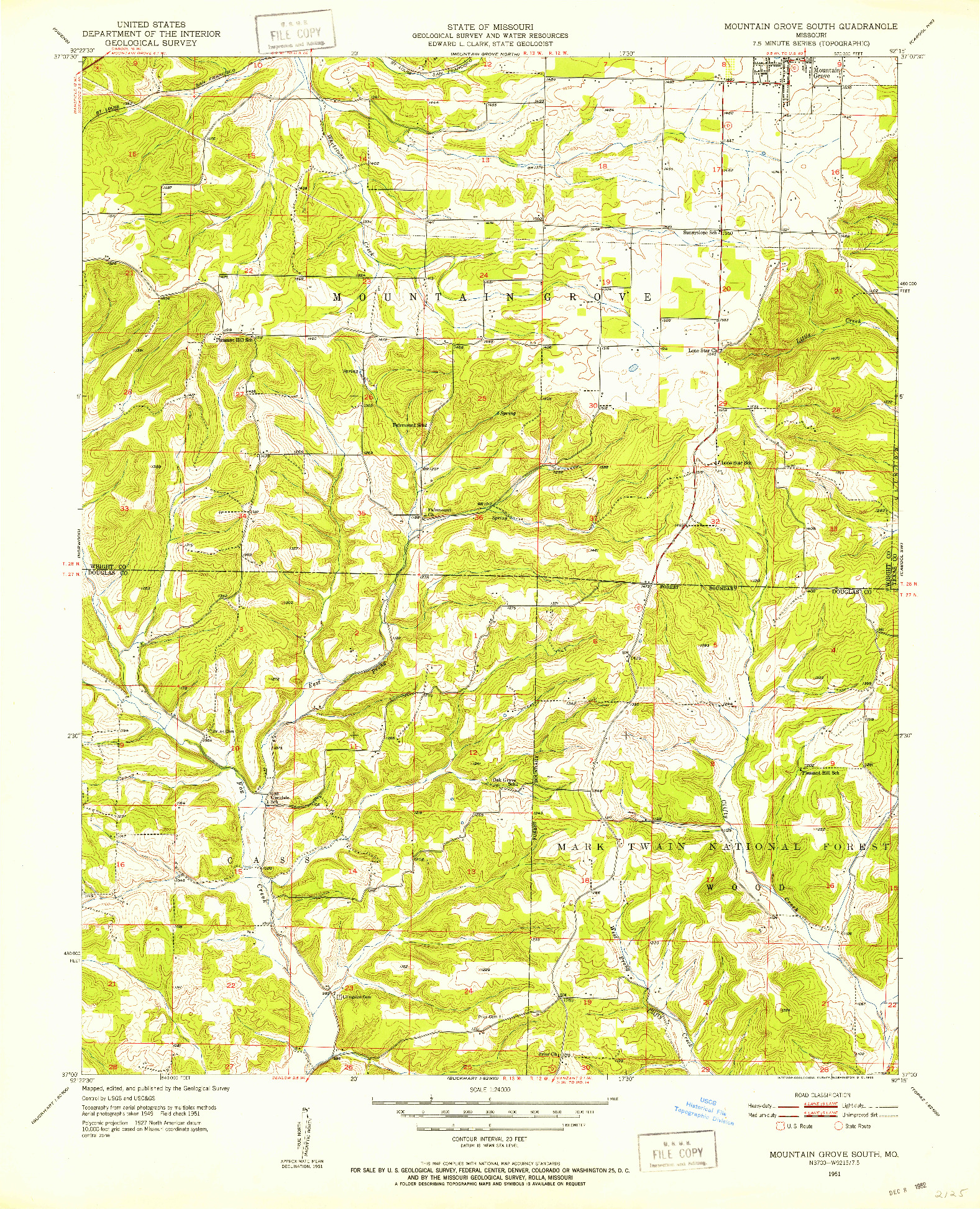 USGS 1:24000-SCALE QUADRANGLE FOR MOUNTAIN GROVE SOUTH, MO 1951