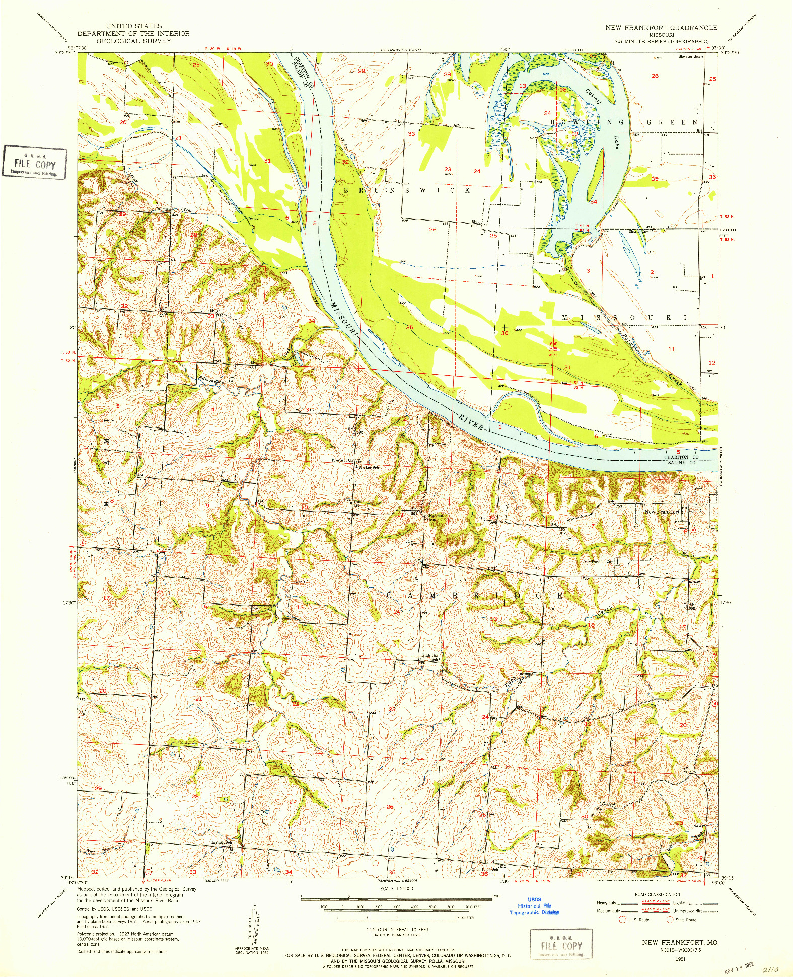 USGS 1:24000-SCALE QUADRANGLE FOR NEW FRANKFORT, MO 1951