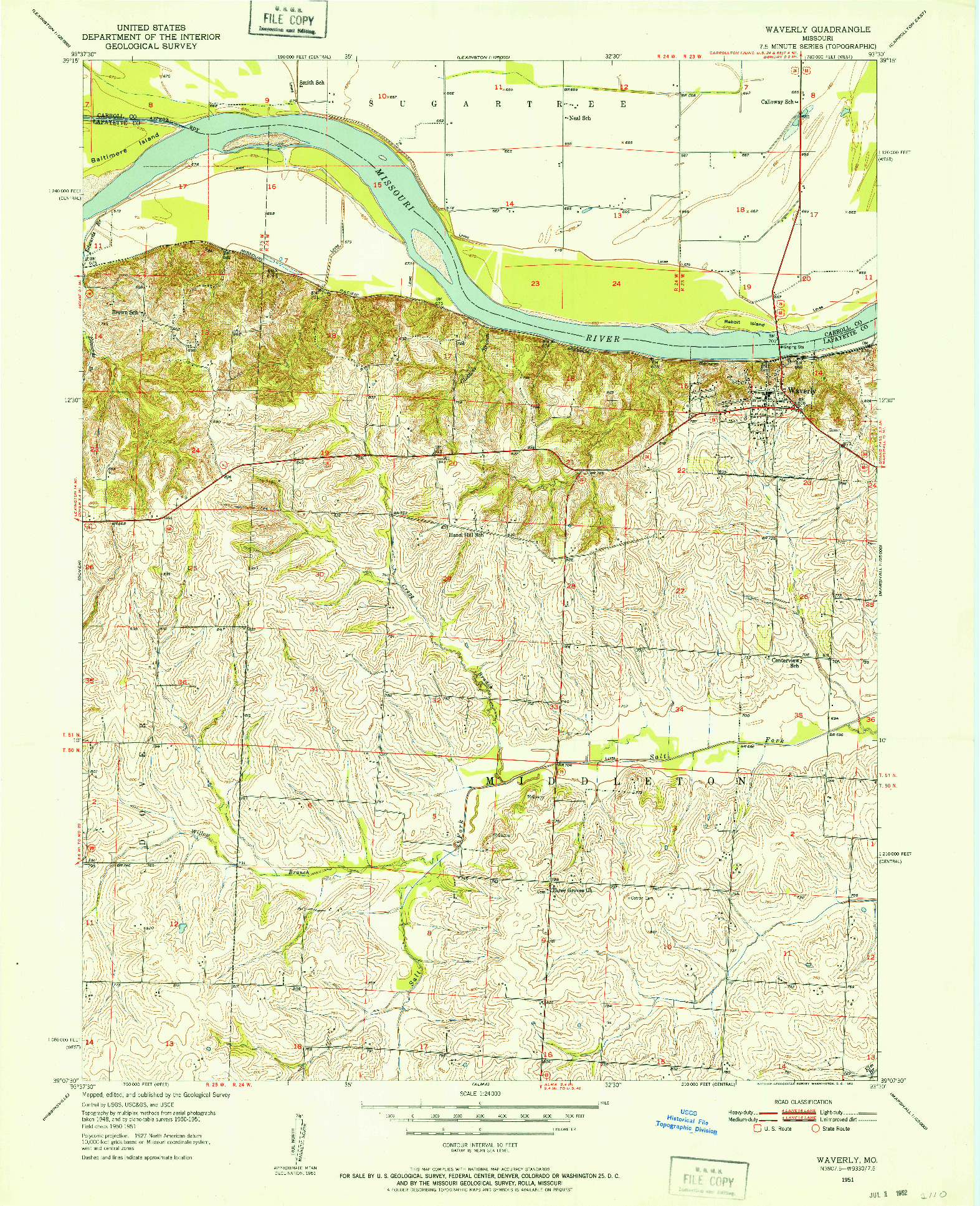 USGS 1:24000-SCALE QUADRANGLE FOR WAVERLY, MO 1951