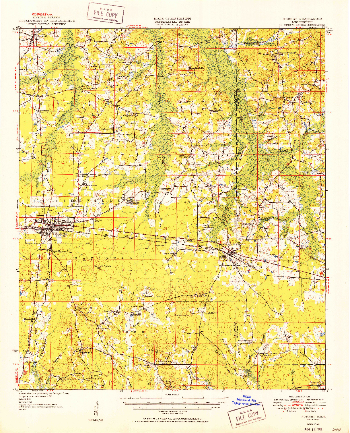 USGS 1:62500-SCALE QUADRANGLE FOR FOREST, MS 1952