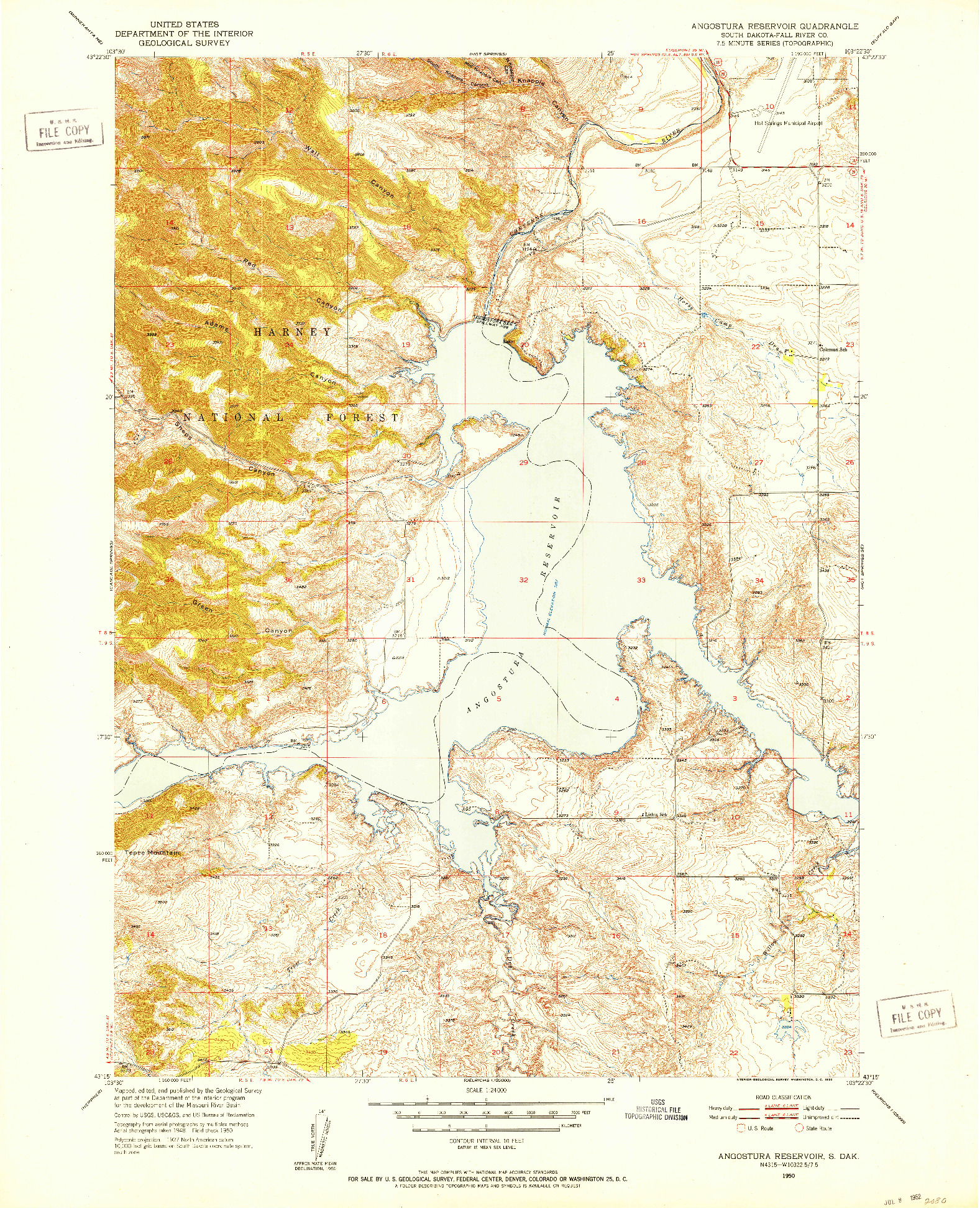 USGS 1:24000-SCALE QUADRANGLE FOR ANGOSTURA RESERVOIR, SD 1950
