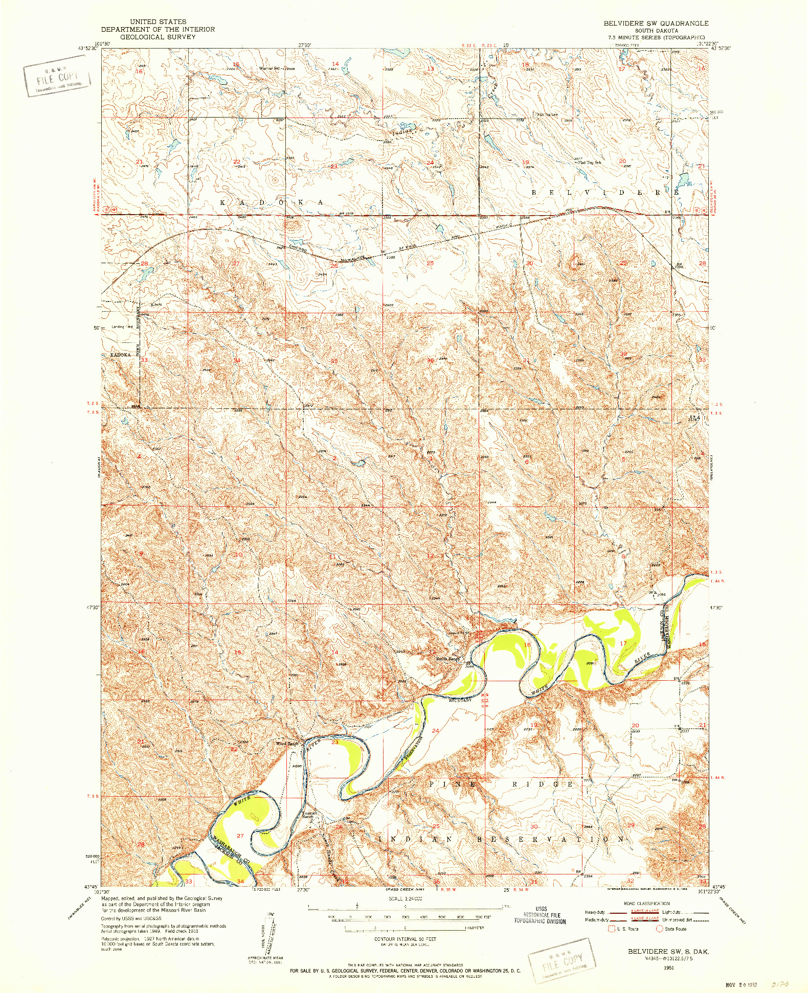 USGS 1:24000-SCALE QUADRANGLE FOR BELVIDERE SW, SD 1951