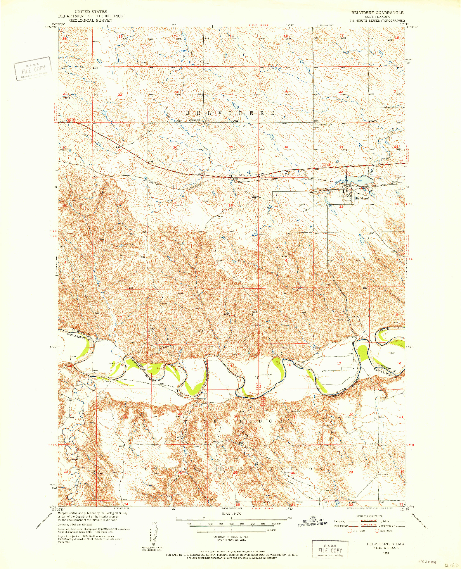 USGS 1:24000-SCALE QUADRANGLE FOR BELVIDERE, SD 1951