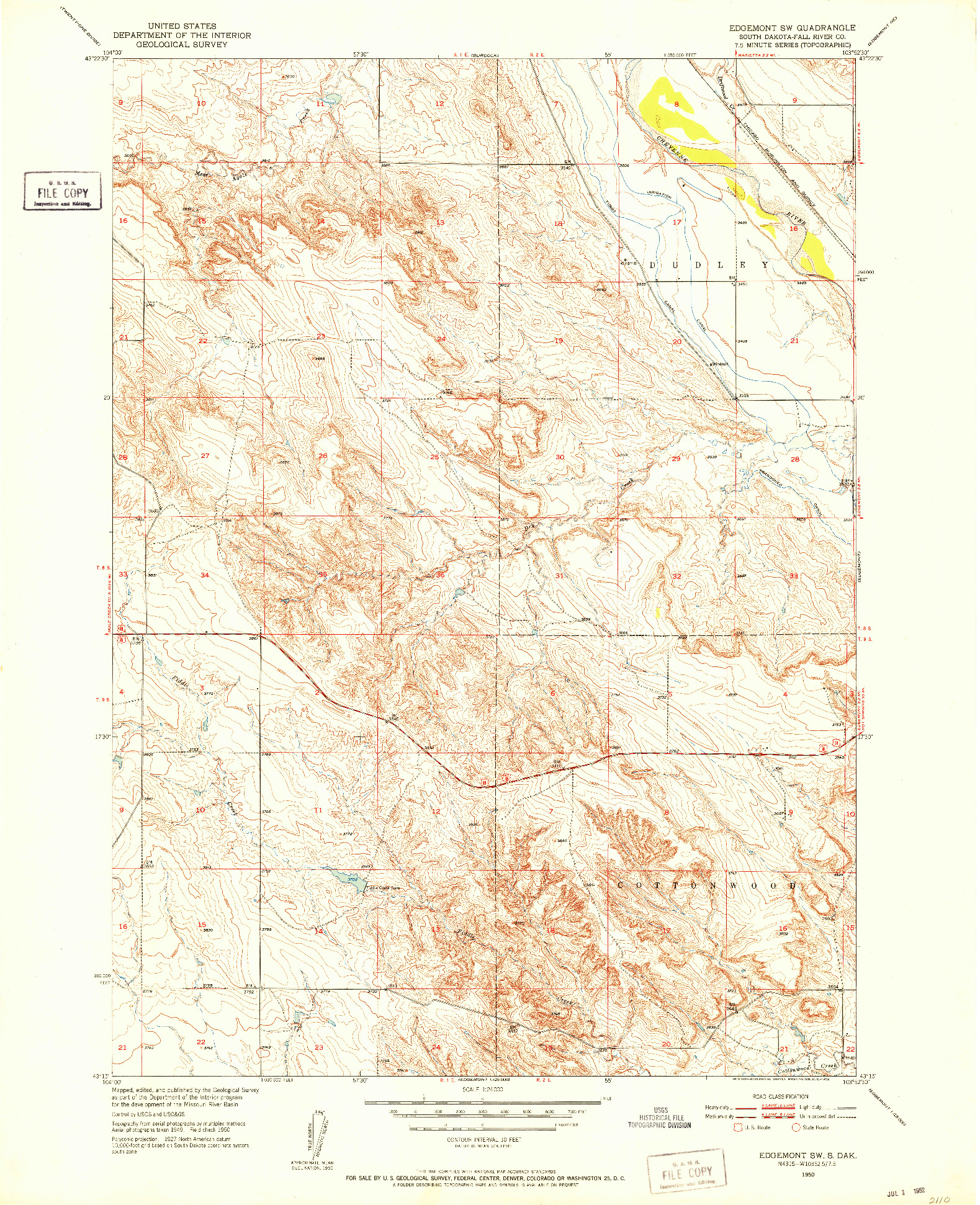 USGS 1:24000-SCALE QUADRANGLE FOR EDGEMONT SW, SD 1950