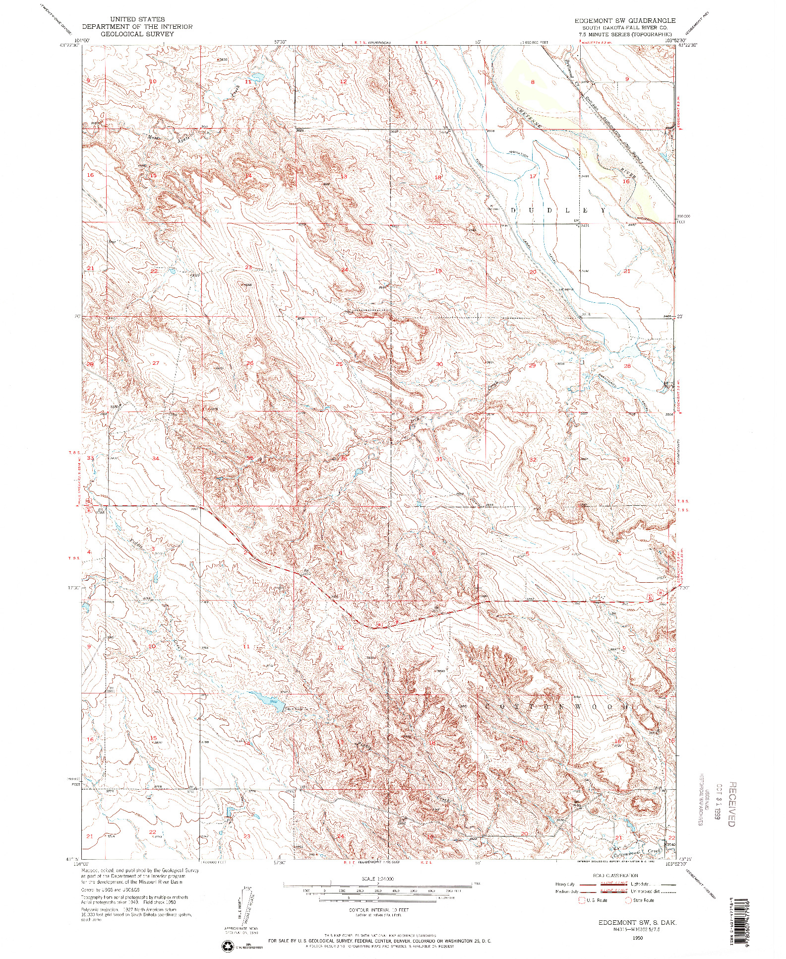 USGS 1:24000-SCALE QUADRANGLE FOR EDGEMONT SW, SD 1950