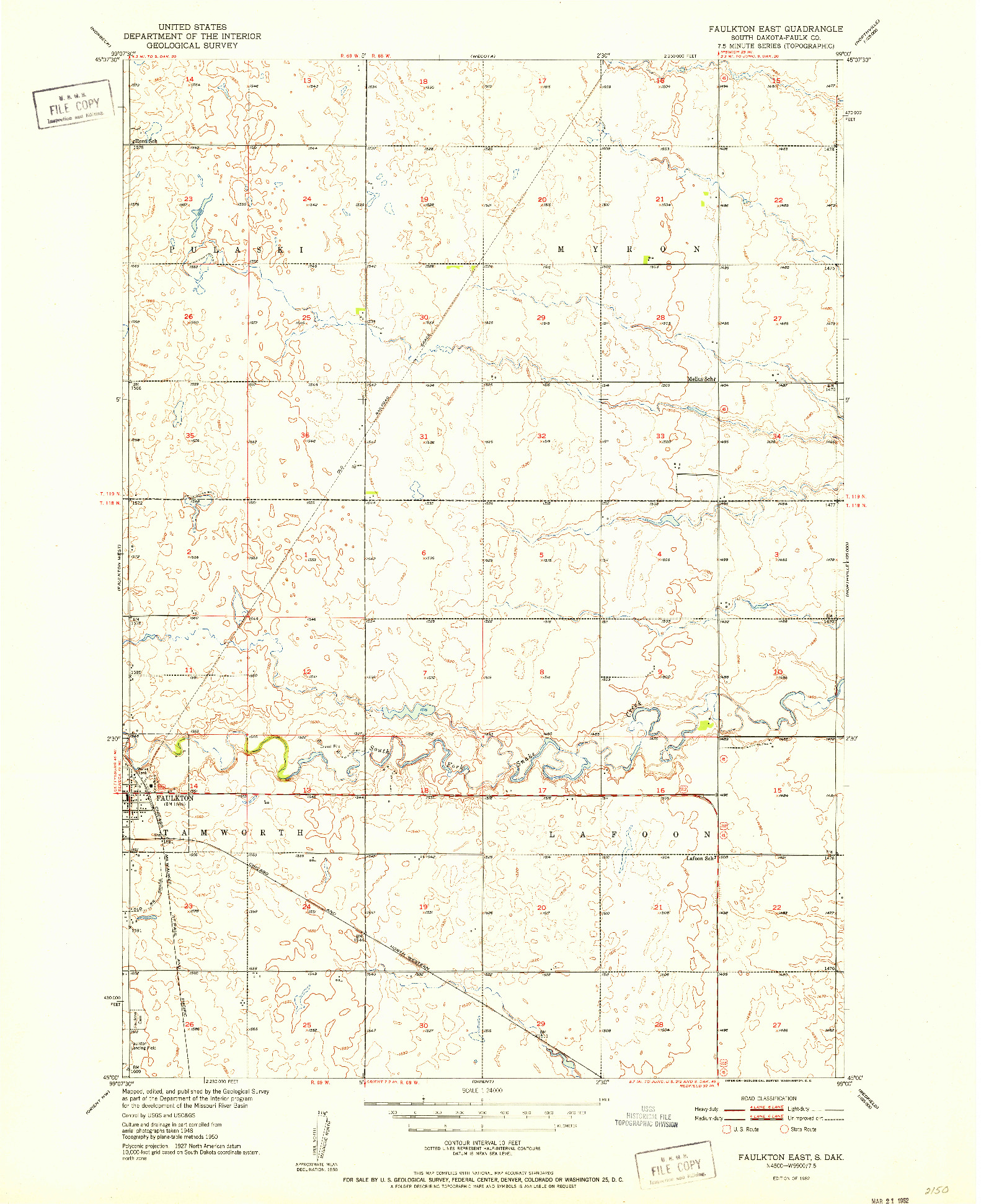 USGS 1:24000-SCALE QUADRANGLE FOR FAULKTON EAST, SD 1952