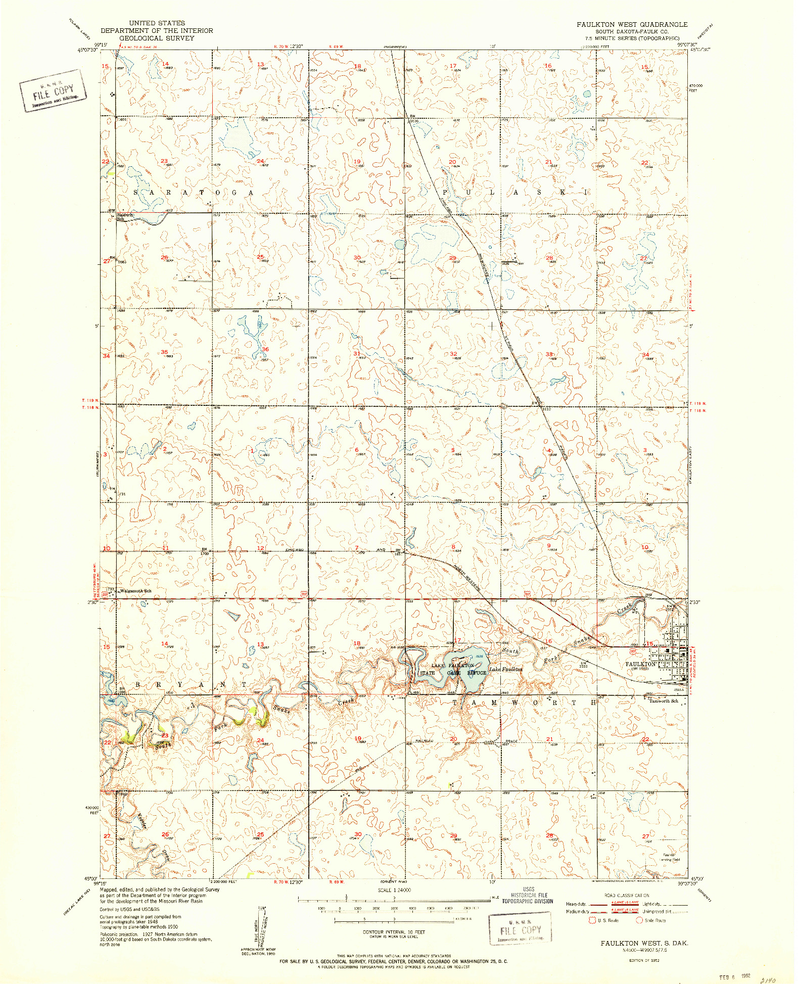 USGS 1:24000-SCALE QUADRANGLE FOR FAULKTON WEST, SD 1952