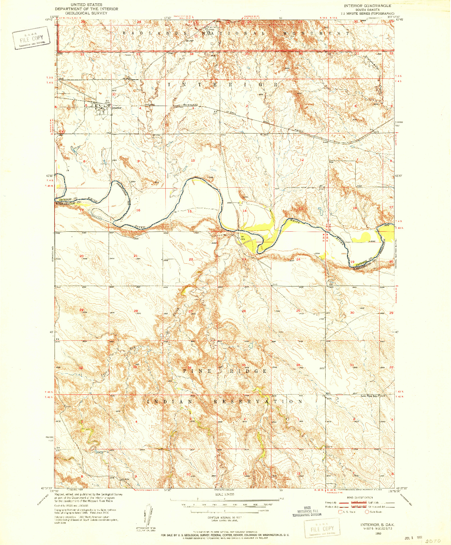 USGS 1:24000-SCALE QUADRANGLE FOR INTERIOR, SD 1950