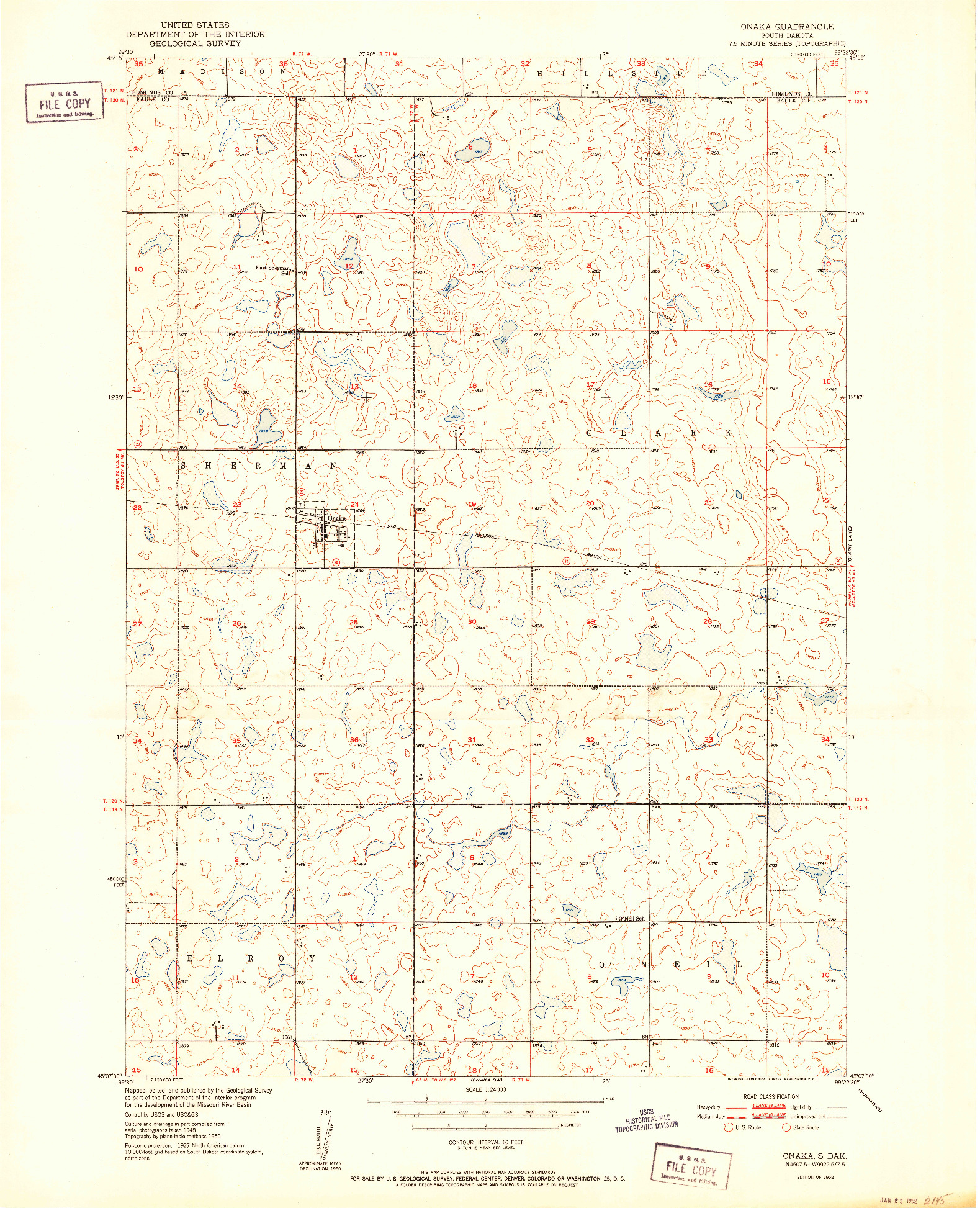 USGS 1:24000-SCALE QUADRANGLE FOR ONAKA, SD 1952