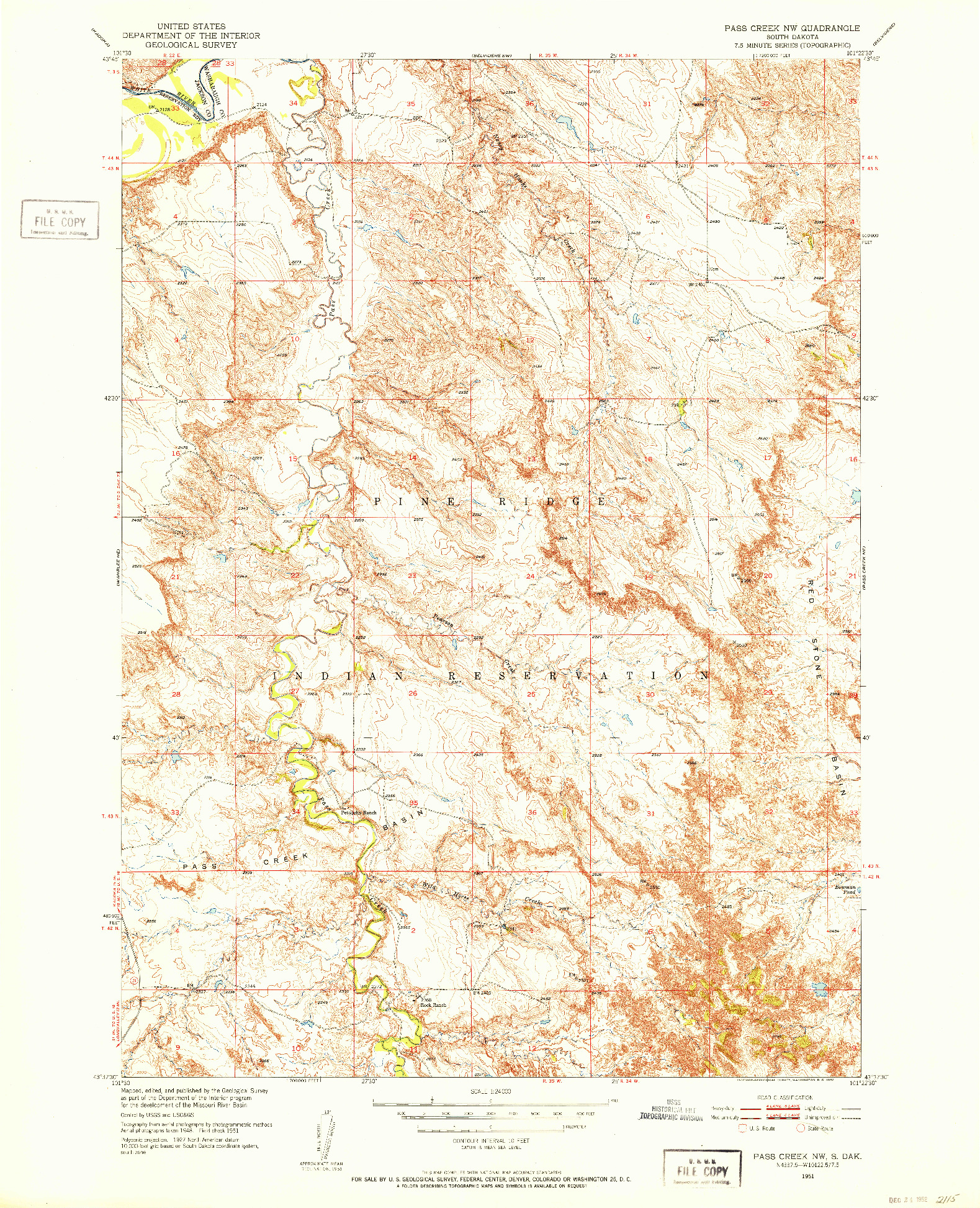 USGS 1:24000-SCALE QUADRANGLE FOR PASS CREEK NW, SD 1951
