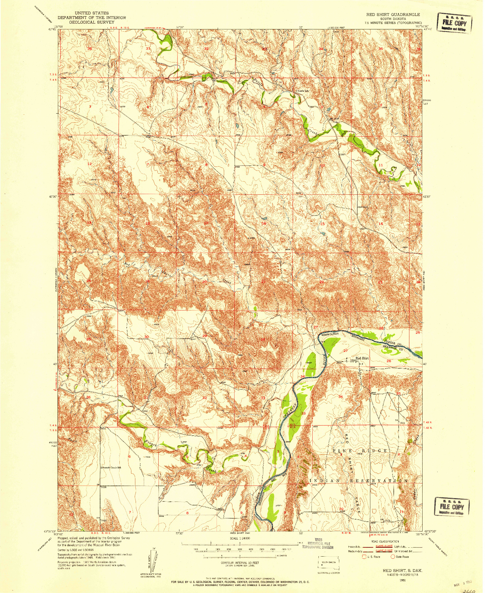 USGS 1:24000-SCALE QUADRANGLE FOR RED SHIRT, SD 1951