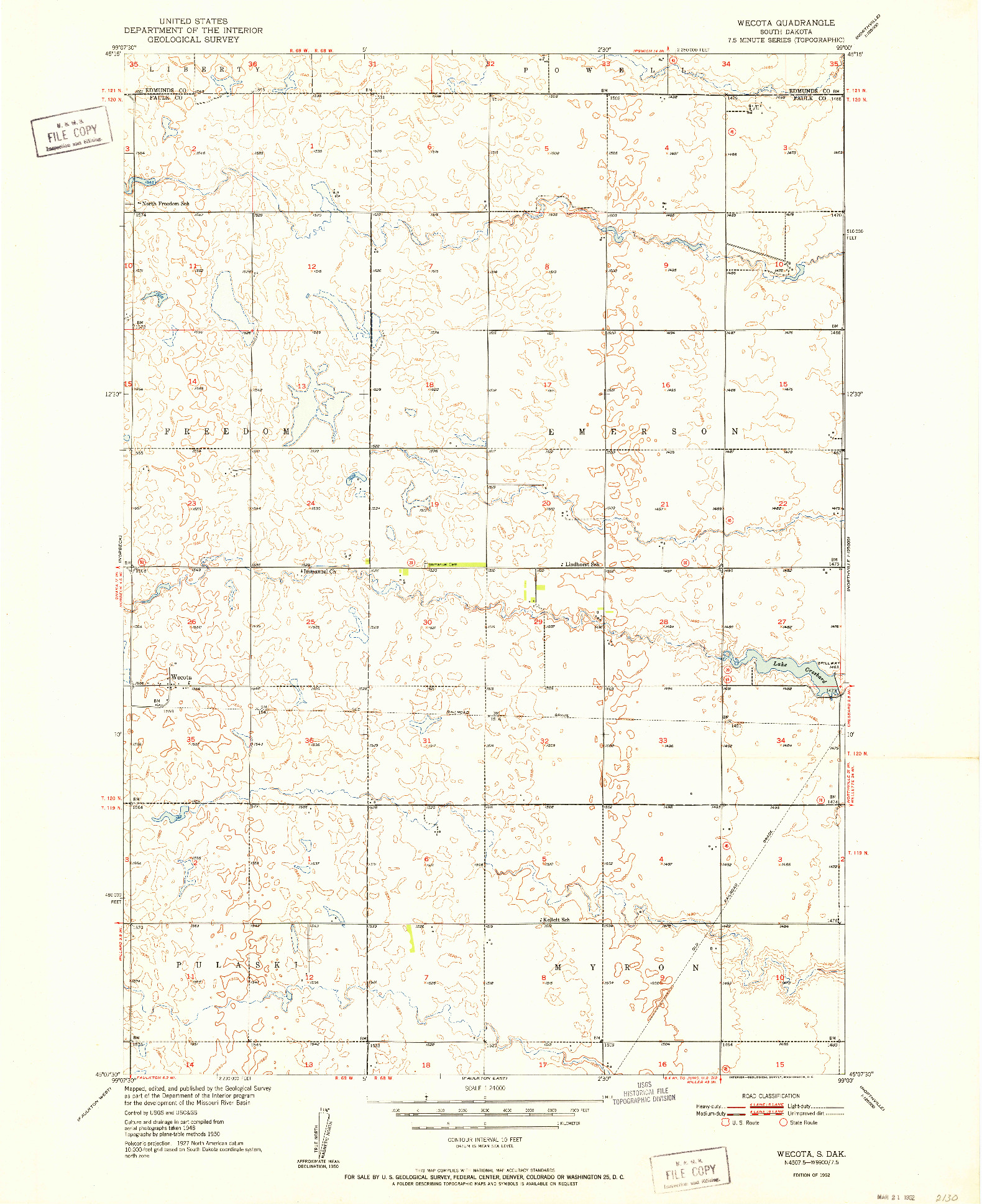 USGS 1:24000-SCALE QUADRANGLE FOR WECOTA, SD 1952
