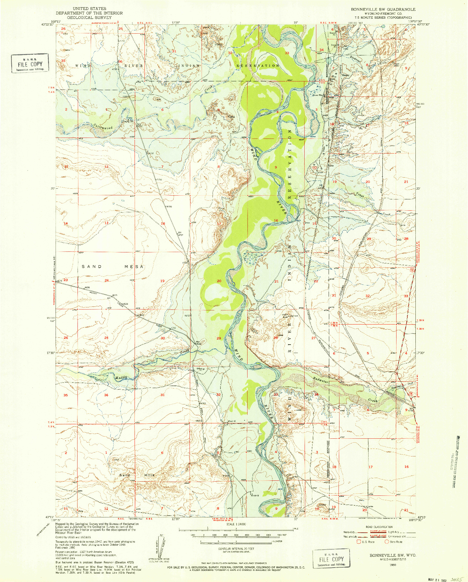 USGS 1:24000-SCALE QUADRANGLE FOR BONNEVILLE SW, WY 1950