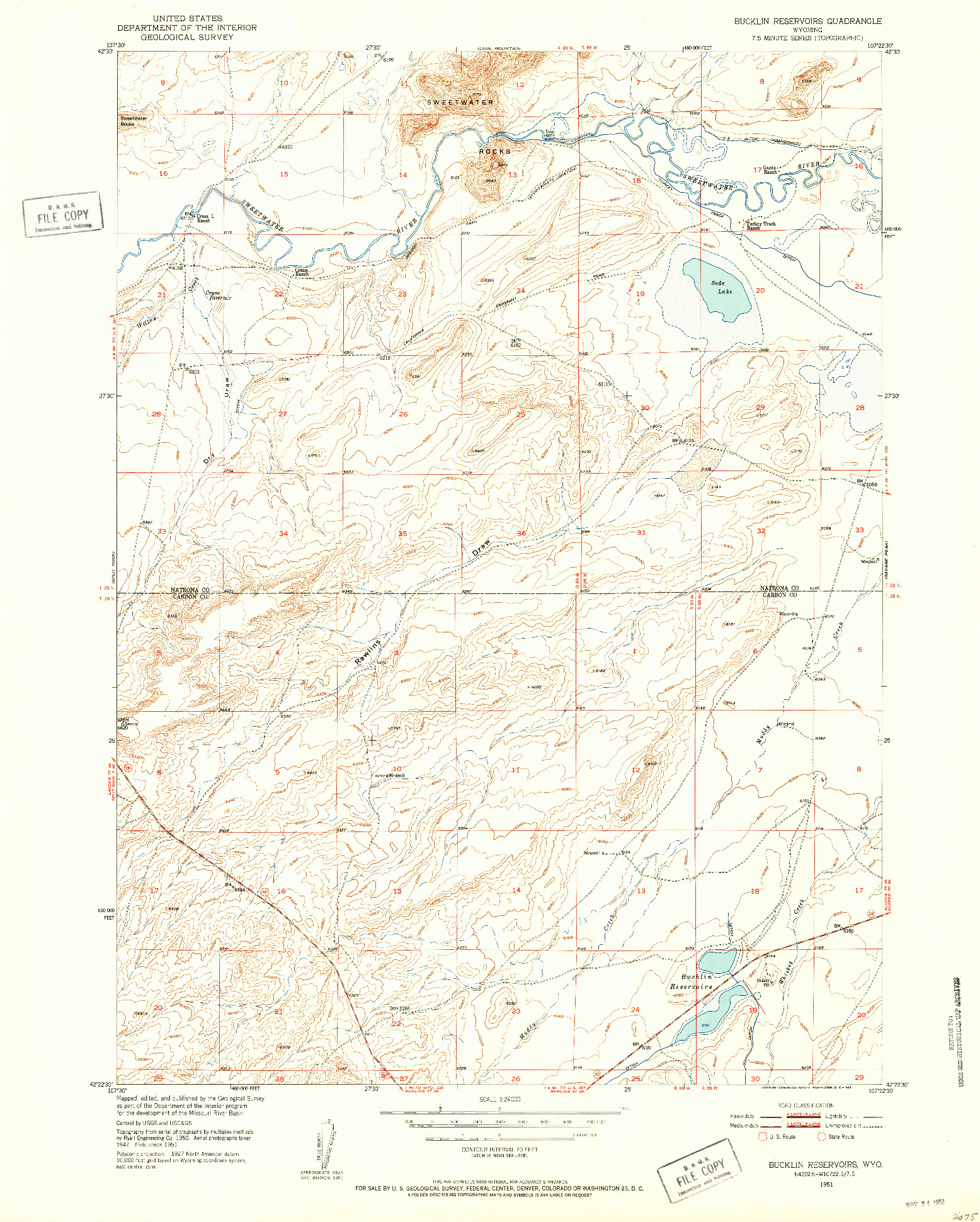 USGS 1:24000-SCALE QUADRANGLE FOR BUCKLIN RESERVOIRS, WY 1951