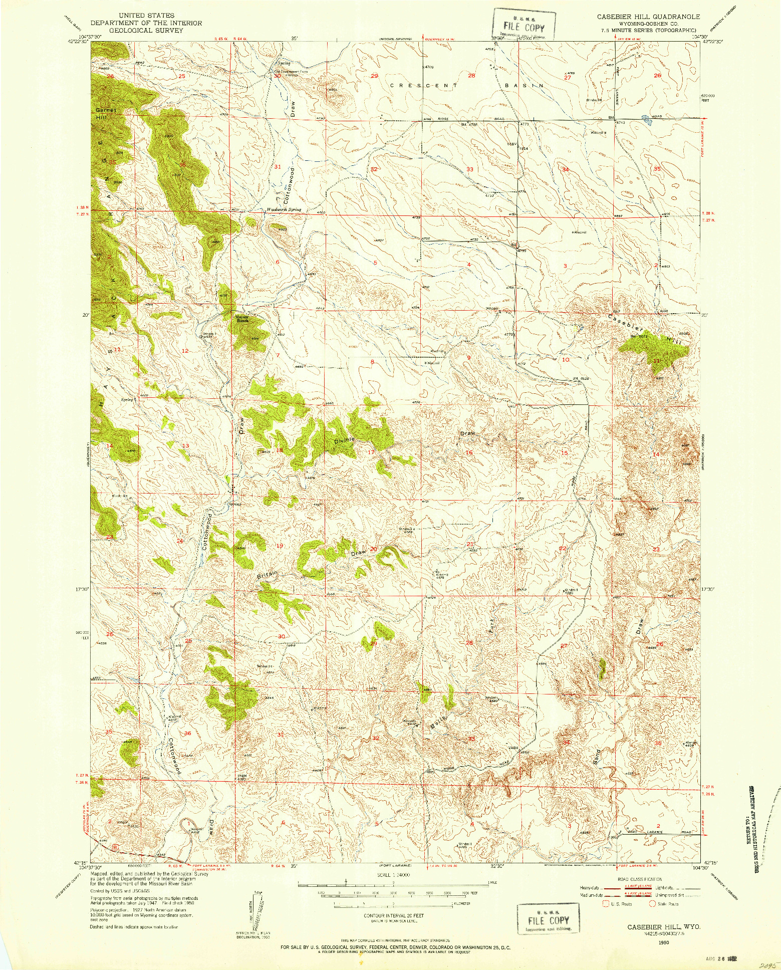 USGS 1:24000-SCALE QUADRANGLE FOR CASEBIER HILL, WY 1950