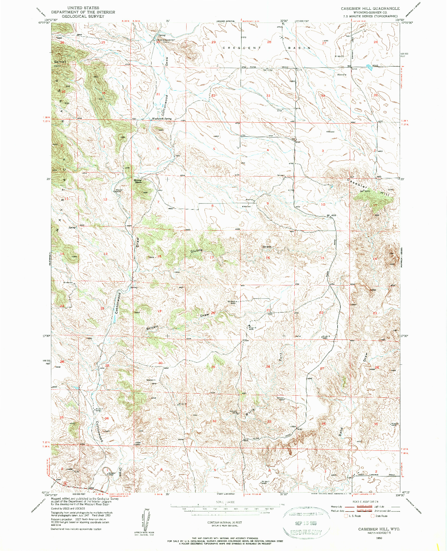 USGS 1:24000-SCALE QUADRANGLE FOR CASEBIER HILL, WY 1950