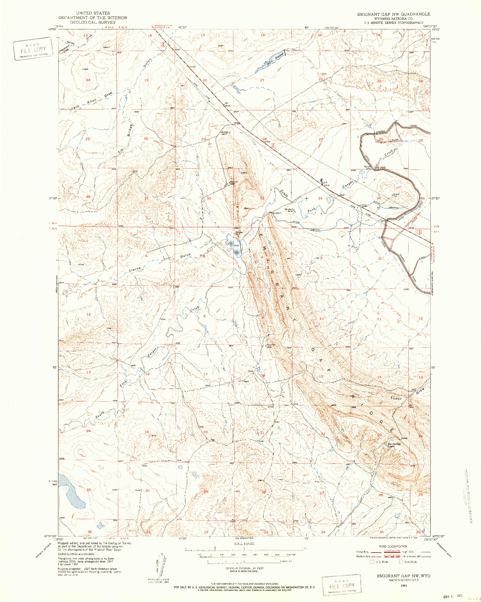 USGS 1:24000-SCALE QUADRANGLE FOR EMIGRANT GAP NW, WY 1951